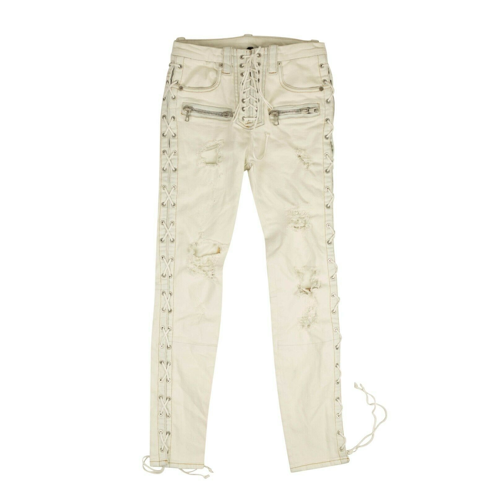 image of Unravel Project White Washout Denim Side Lace Up Skinny Jeans Size 24, Women's