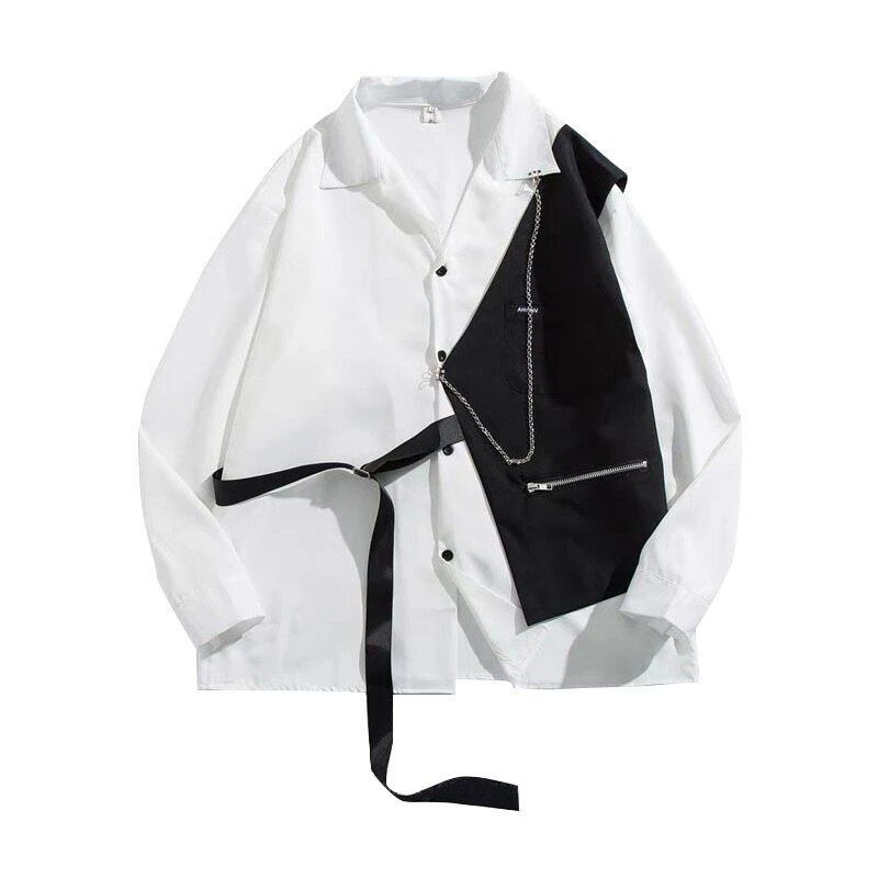image of Long Sleeve Shirts Korean Streetwear Hip Hop in White, Men's (Size Medium)