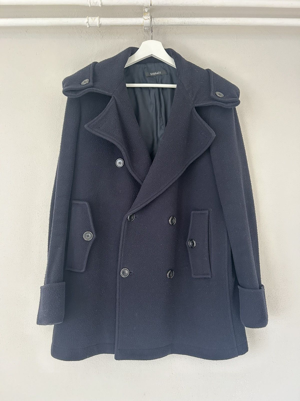 Gianni Versace Versace Navy Wool Double Breasted Peacoat with Cowl Hood Grailed