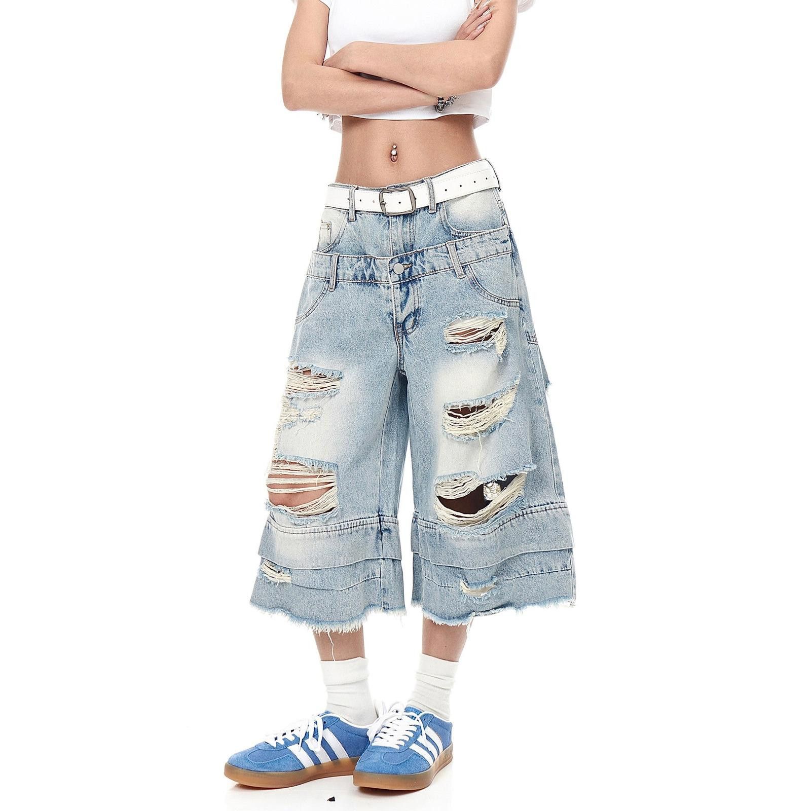 Jean Washed Double Waisted Heavy Ripped Denim Jorts - Shorts Size US 30 / EU 46 - 3 Thumbnail