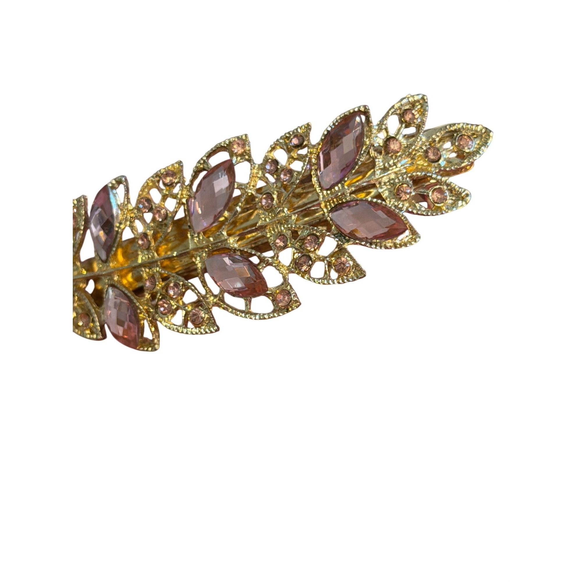 Other Gold Tone Leaf Hair Clip Barrette Pink Rhinestones Tight Spr Size ONE SIZE - 3 Thumbnail