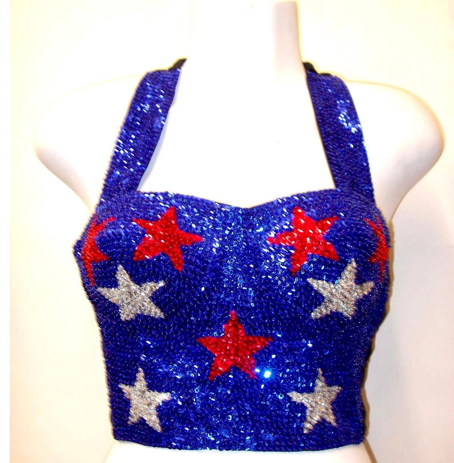 Designer Sequin Halter Top Blue w/RED & SILVER Stars size XL only Size XL / US 12-14 / IT 48-50 - 1 Preview