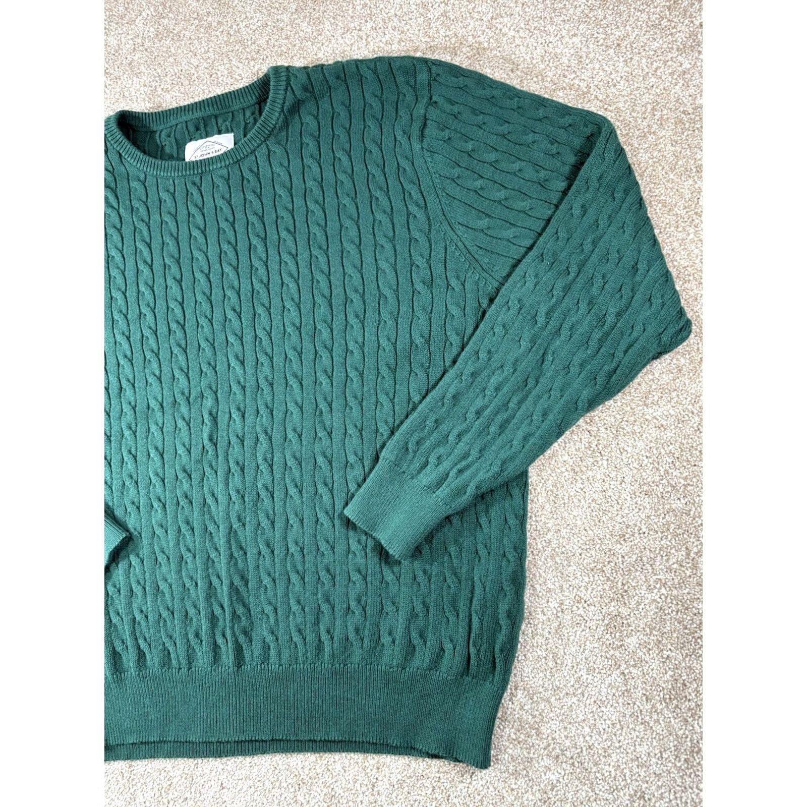 Vintage St. John's Bay Sweater Mens XL Green Cable-Knit Crewneck Pullover Knit Cotton Nylon Regular Sleeve Long Vintage No Size US XL / EU 56 / 4 - 3 Thumbnail