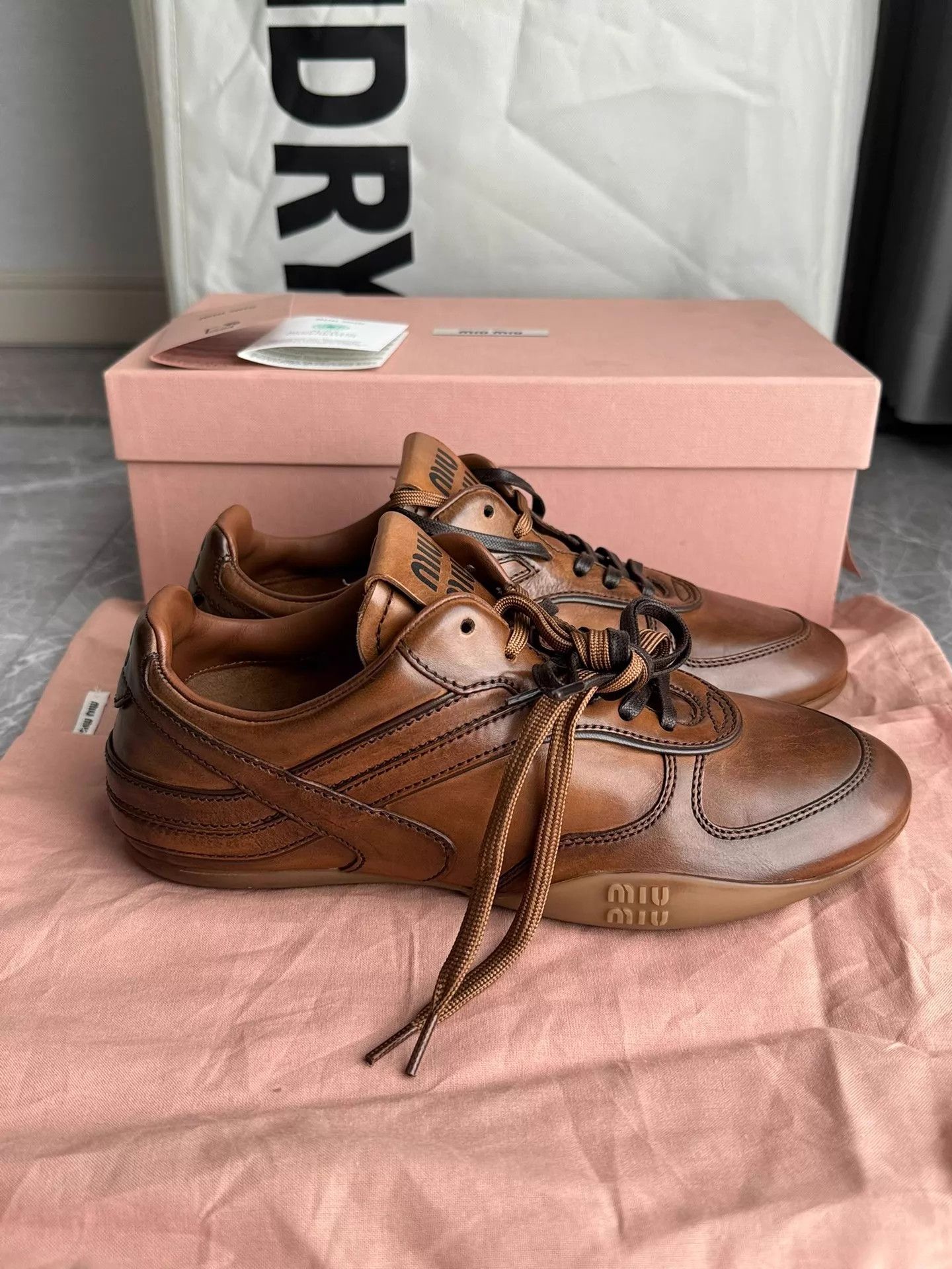 Miu Miu Miu Miu 25FW Gym Leather Double Laces Brown Flat 36 Size US 5.5 / IT 35.5 - 3 Thumbnail