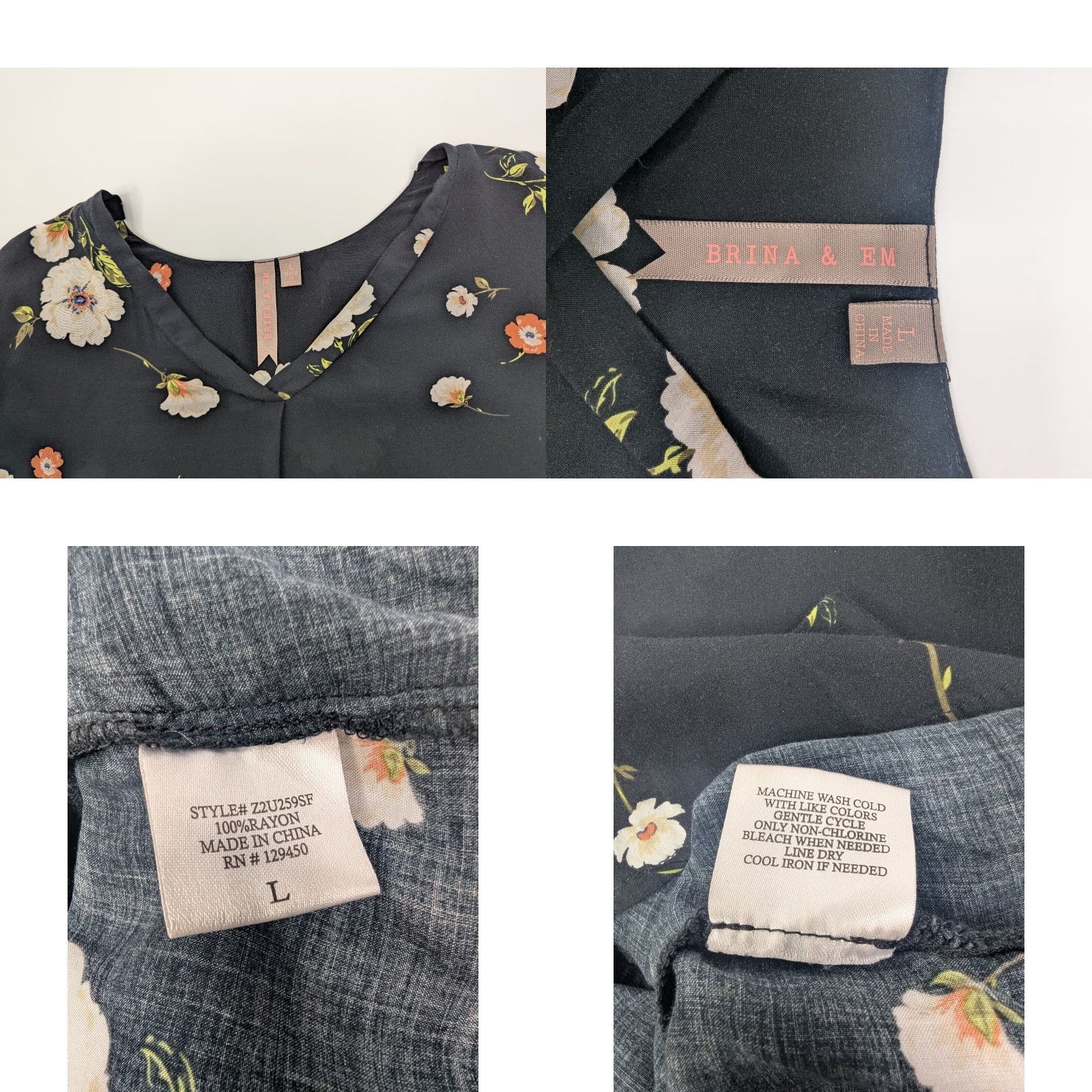 Vintage Brina & EM Blouse Shirt Floral Long Sleeve V-Neck Women's Large Black Size L / US 10 / IT 46 - 8 Thumbnail