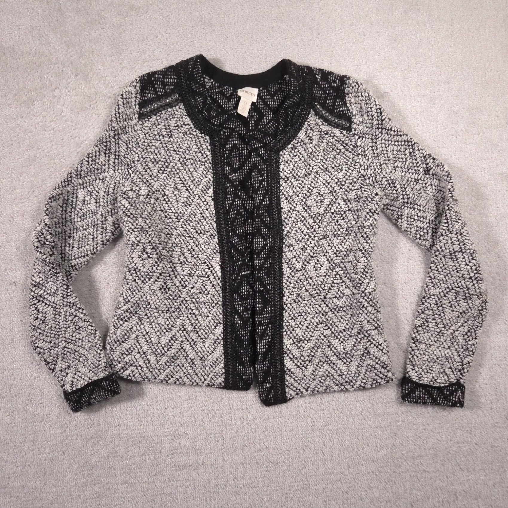 Vintage Chico's Cardigan Sweater Womens 0 Gray Beaded Open Front Geometric Chunky Knit Size XS / US 0-2 / IT 36-38 - 2 Thumbnail