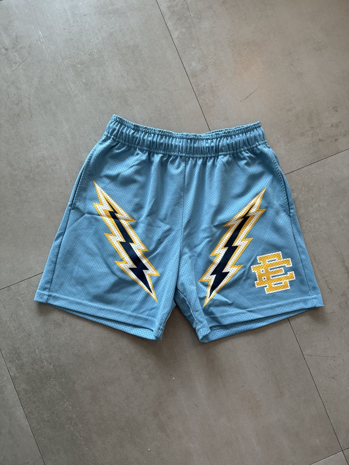 image of Eric Emanuel Charger Blue & Yellow Bolt Shorts in Powder Blue, Men's (Size 32)