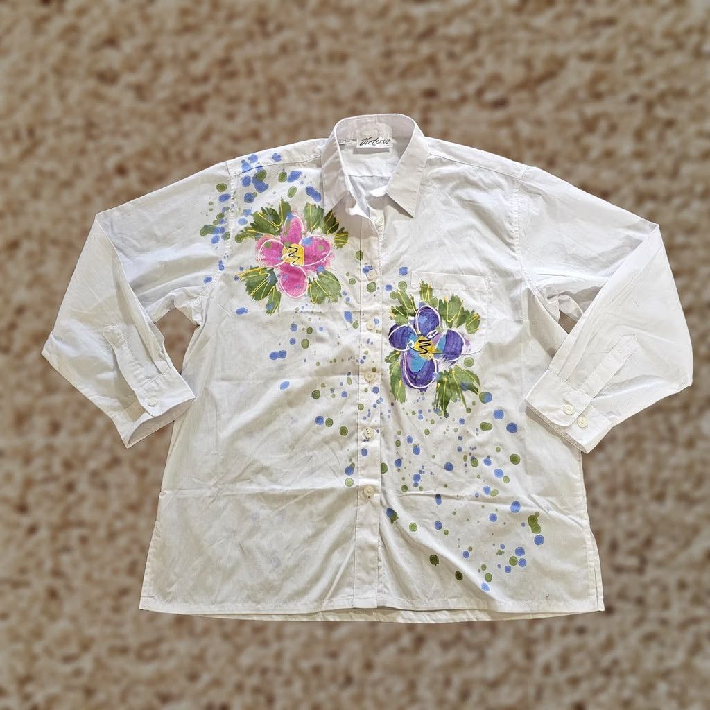 Vintage Victoria Top Women’s XL White Pink Floral Hand Painted Button Casual Blouse Size XL / US 12-14 / IT 48-50 - 1 Thumbnail