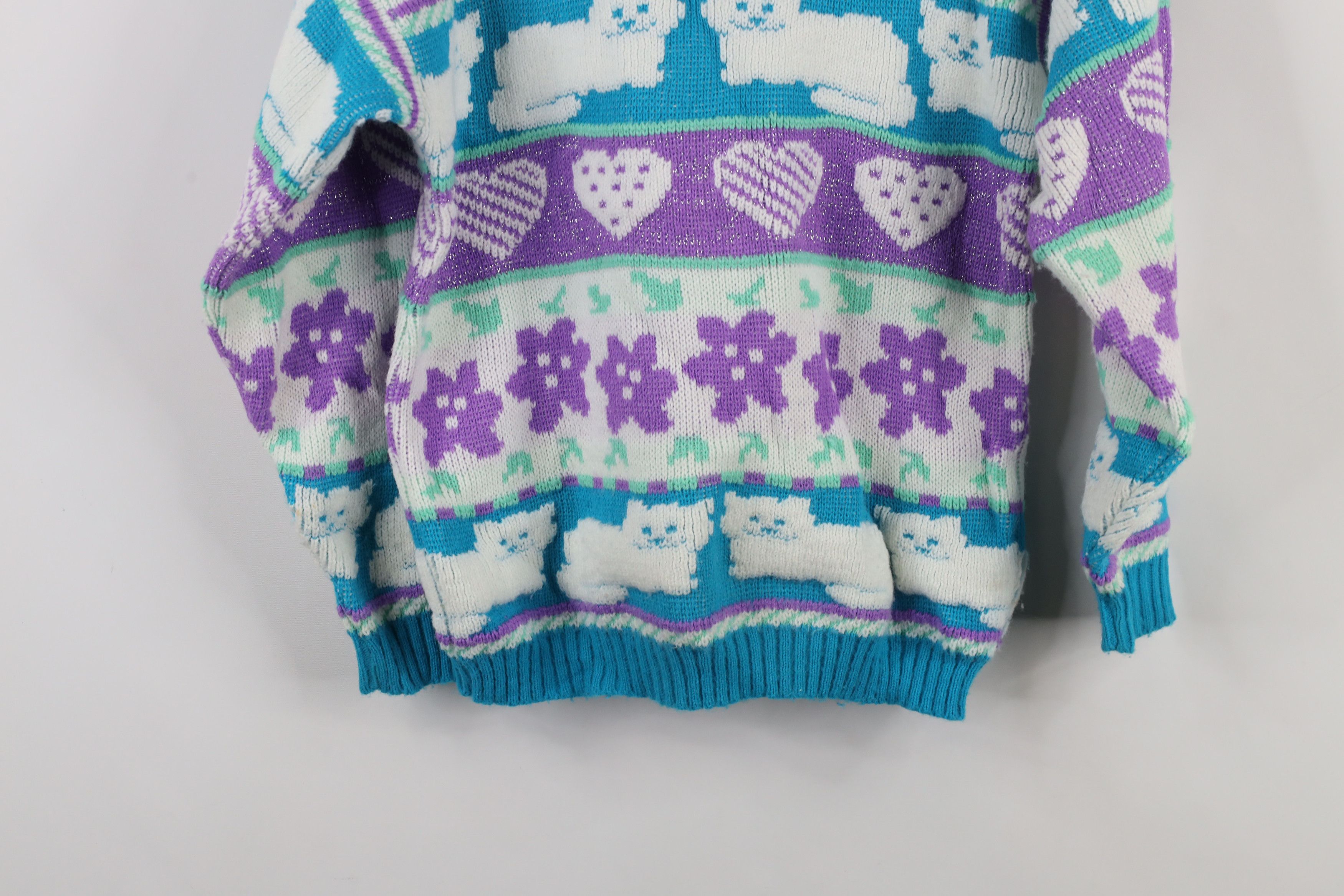 Vintage Vintage 80s 90s Kawaii Heart Cat Flower Knit Sweater USA Size XS / US 0-2 / IT 36-38 - 9 Thumbnail