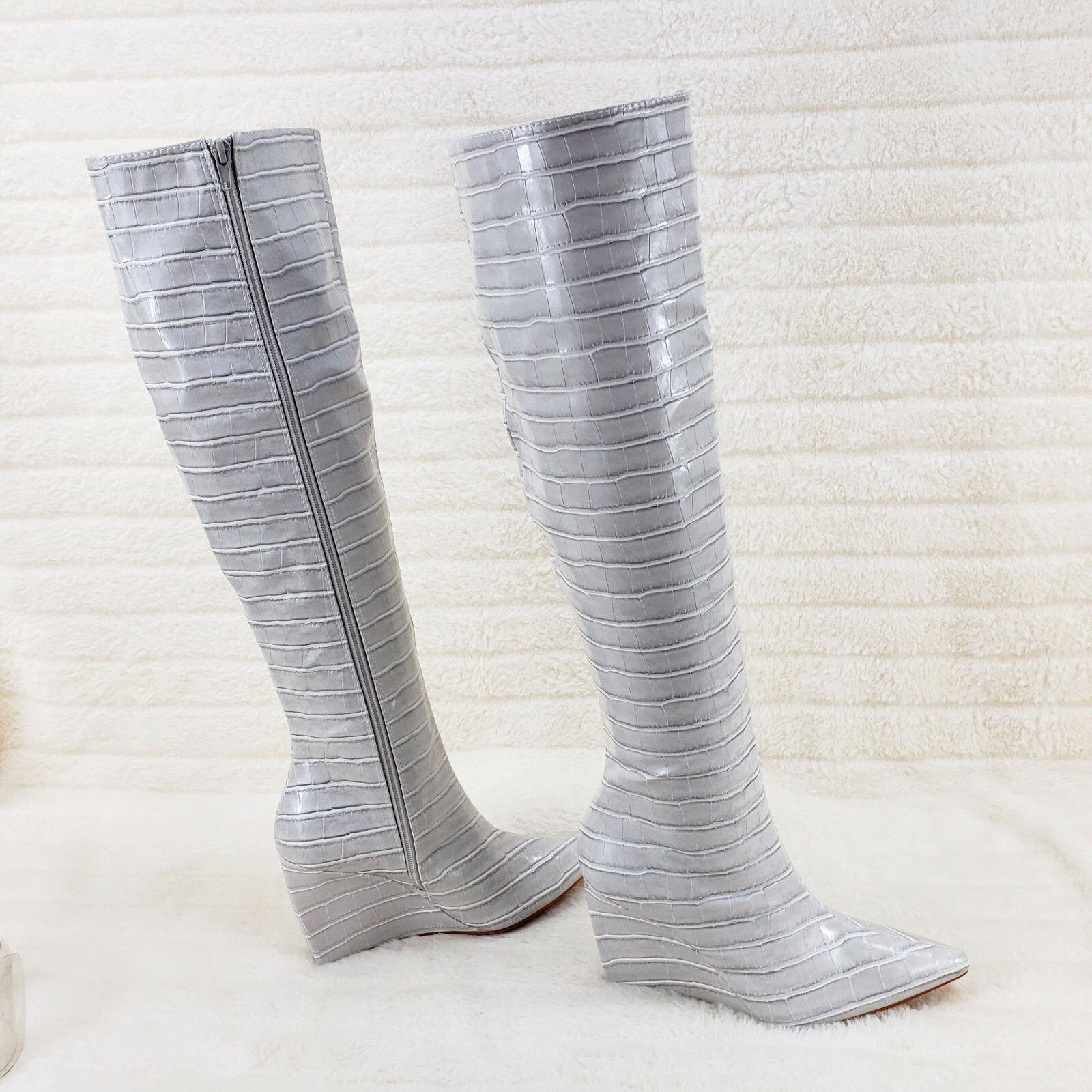 Other Ice White / Grey Reptile Texture Knee High Wedge Heel Boots Size US 6.5 / IT 36.5 - 3 Thumbnail
