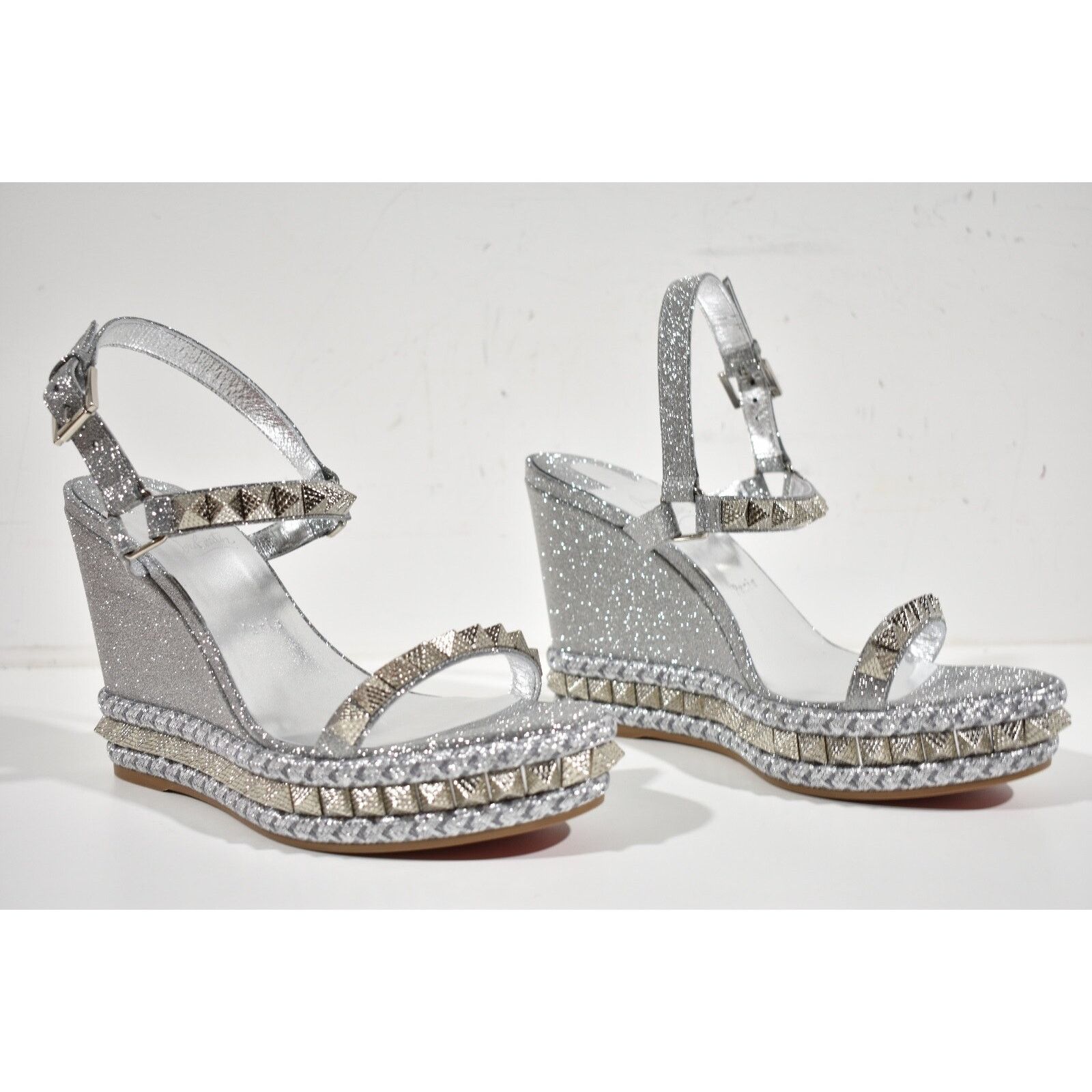 Christian Louboutin Pyraclou 110 Silver Glitter Platform Wedge Sandal Heel 36 Size US 6 / IT 36 - 4 Thumbnail