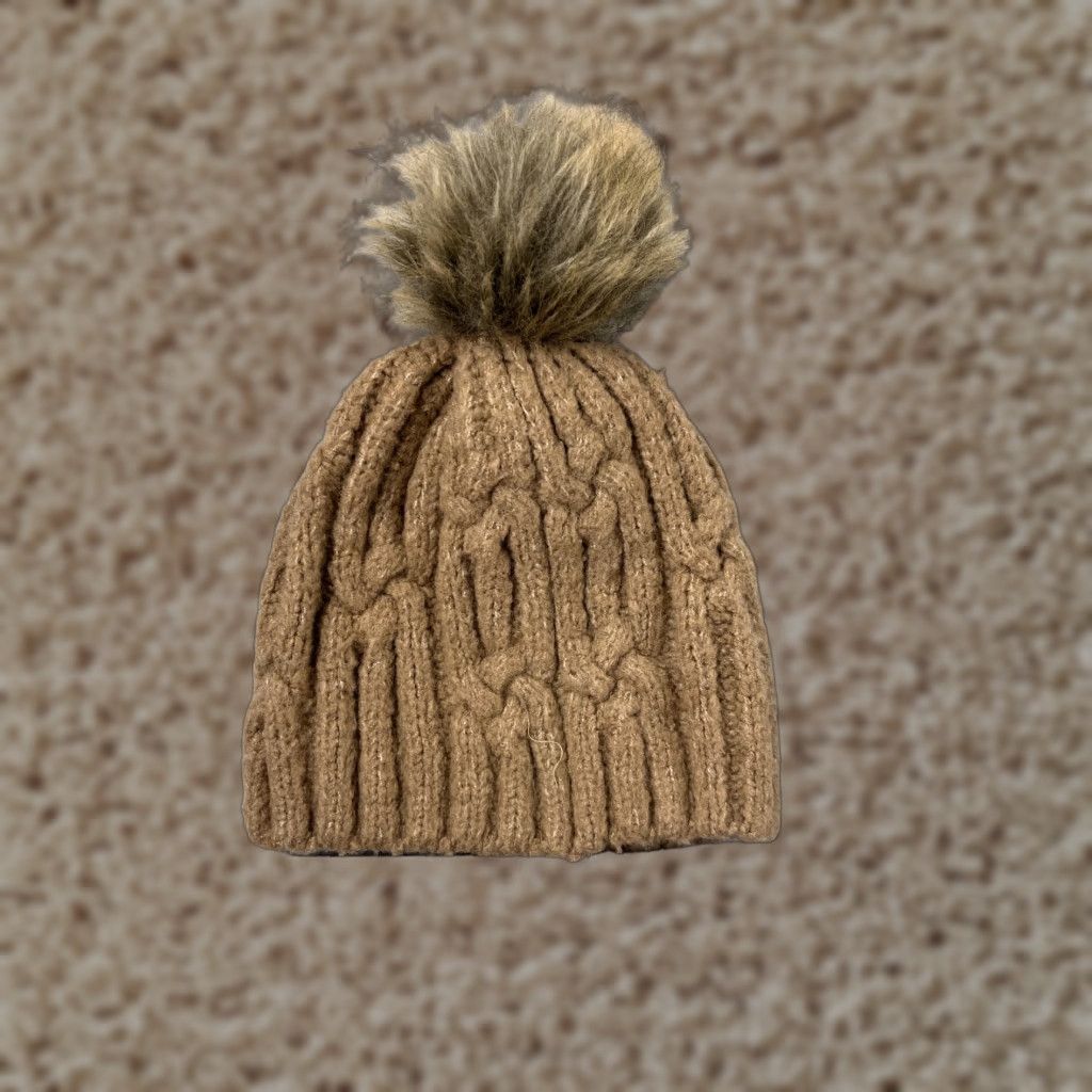 Vintage Beanie Toque Hat Womens One Size Beige Knit Acrylic Blend Faux Fur Winter Ski Pom Size ONE SIZE - 1 Thumbnail