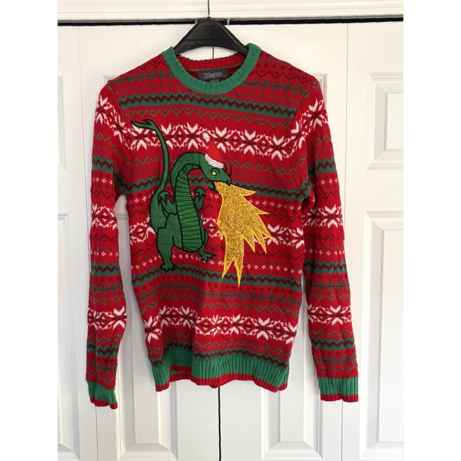 Vintage Festive Christmas Sweater Green Dragon Design Unisex Adults Large Red Crew Neck Long Sleeve Pullover Winter 33 Degrees Christmas Theme Shirt/ Sweater Size US L / EU 52-54 / 3 - 2 Thumbnail