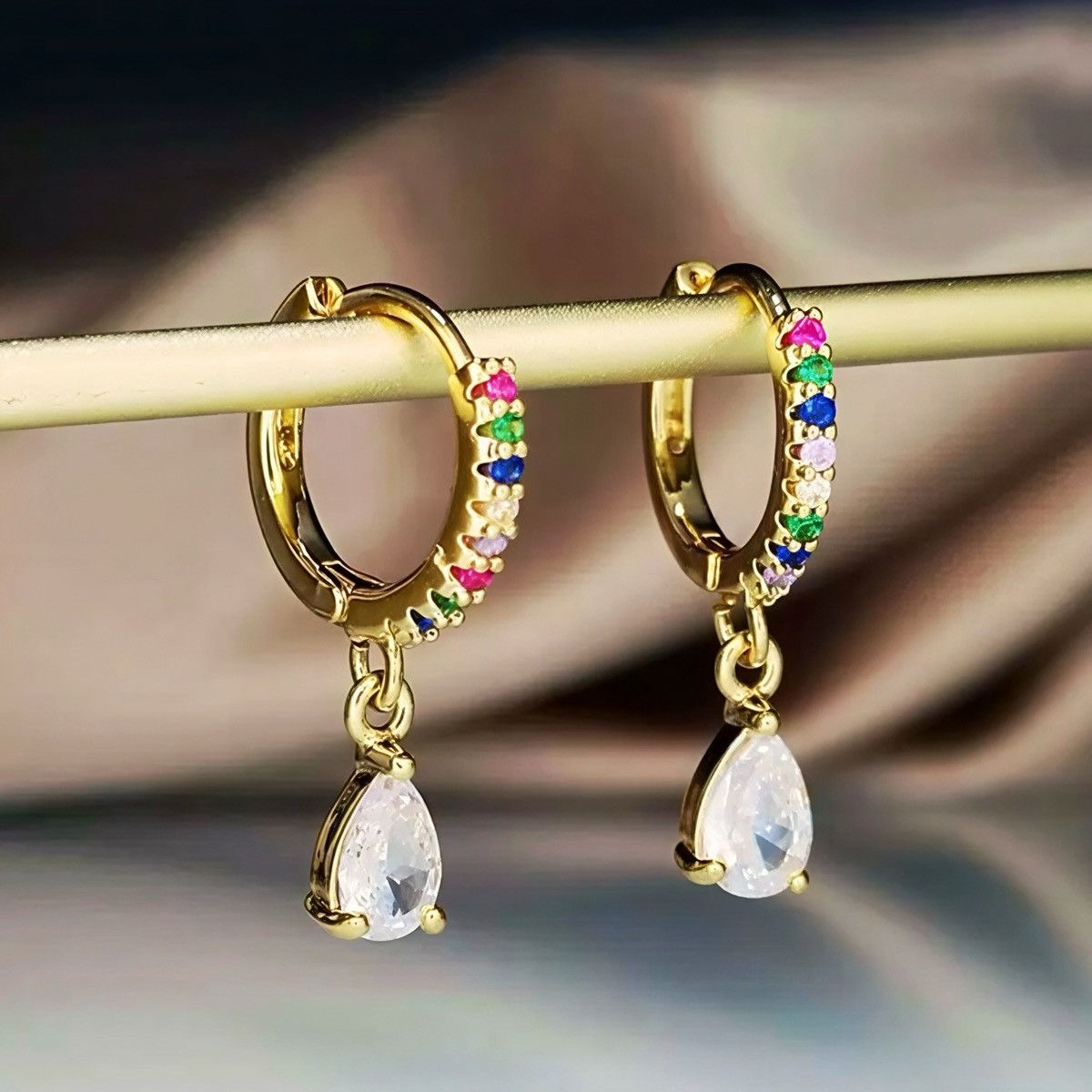 Other Sparkly Crystal Water Drop Gold Small Hoop Luxury Earrings Size ONE SIZE - 1 Thumbnail