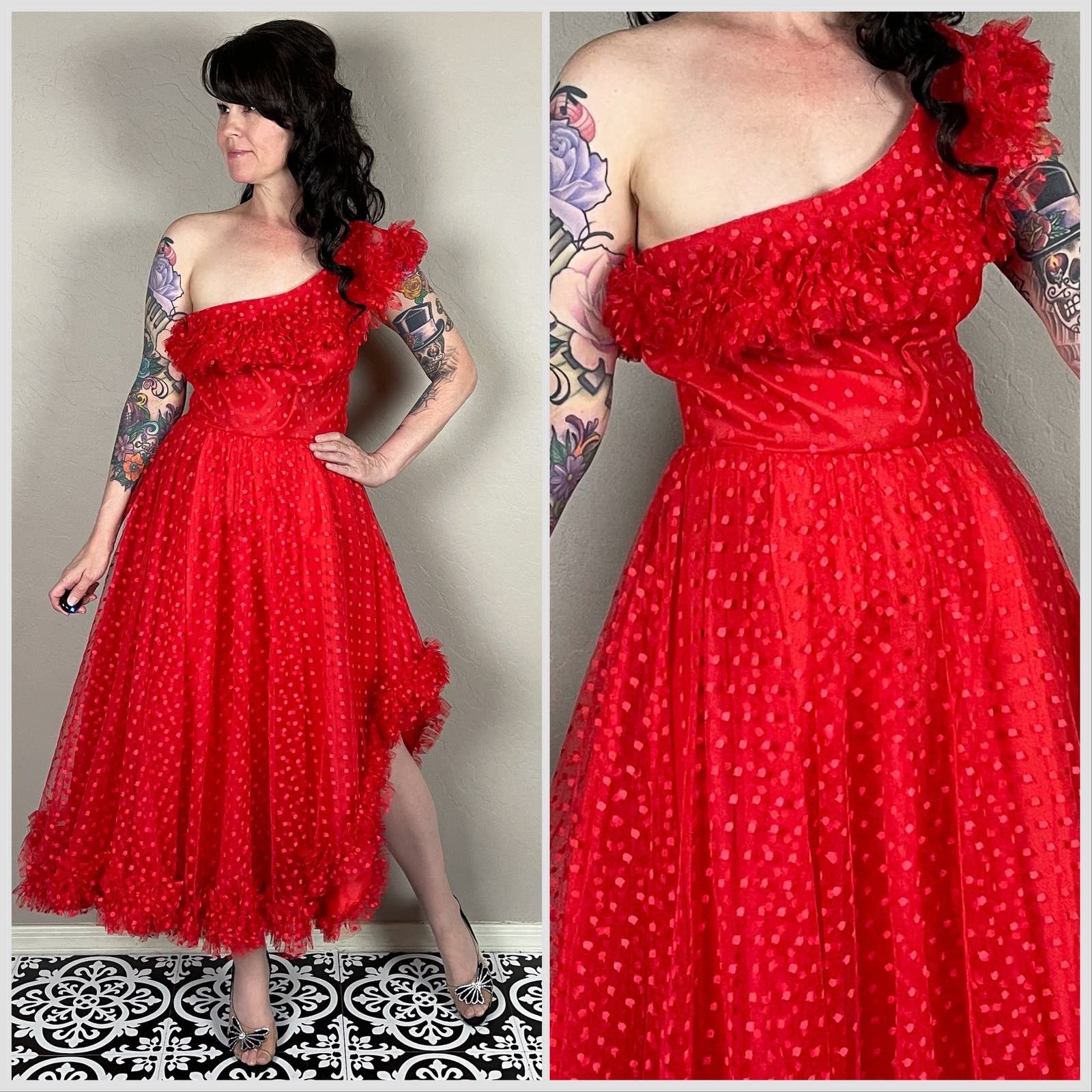 image of Vintage 1970S Red Ruffled One Shoulder Polka Dot Party Dress, Women's (Size XS)