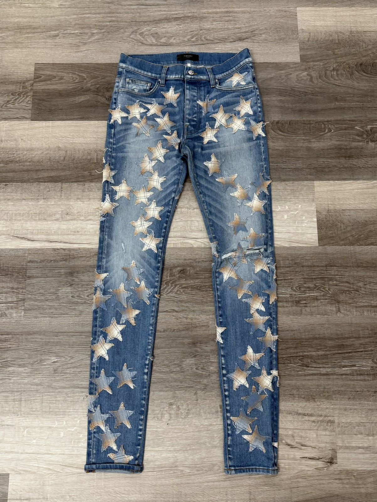 Amiri Chemist Jeans Blue Denim Star Patches Size 30