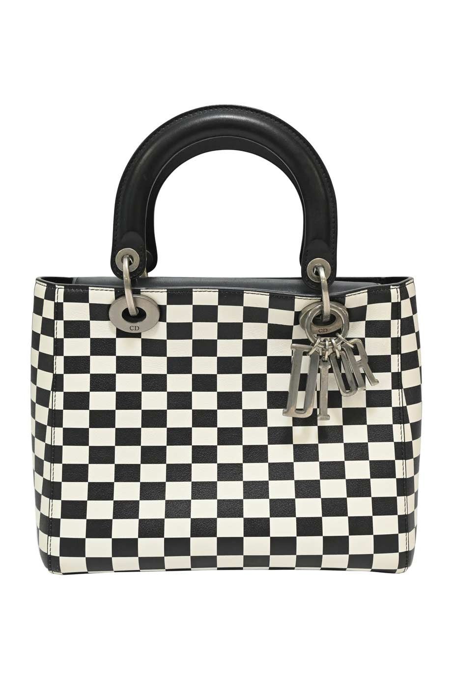 image of Christian Dior Black Two-Tone Leather Check Lady Dior Top Handle Bag With Detachable Shoulder Strap