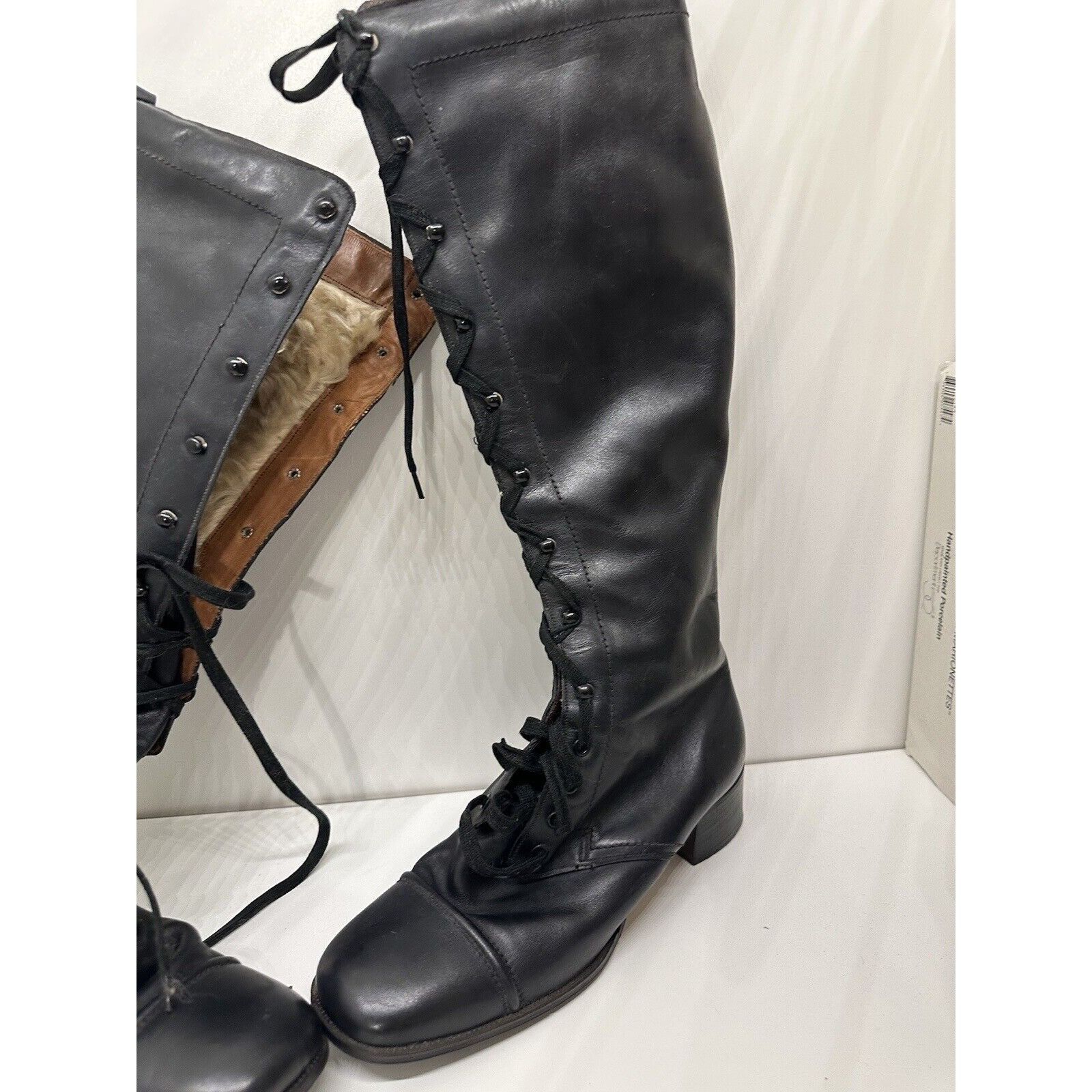 Vintage Vtg Crockett & Jones Corset lace up boots Sherpa Lined Black Size US 5.5 / IT 35.5 - 9 Thumbnail