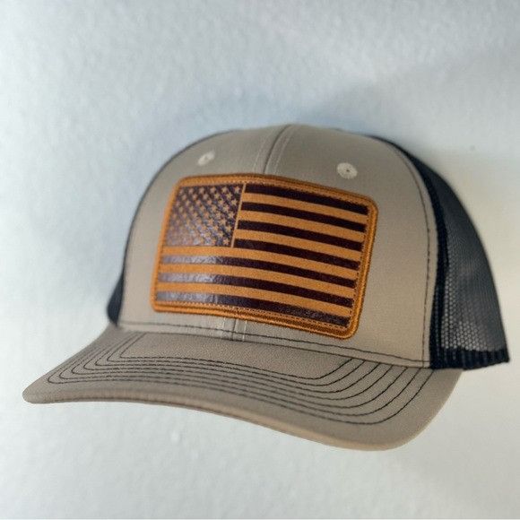 Designer NEW USA FAUX LEATHER PATCH KHAKI/BLACK TRUCKER MESH CAP HAT Size ONE SIZE - 3 Thumbnail