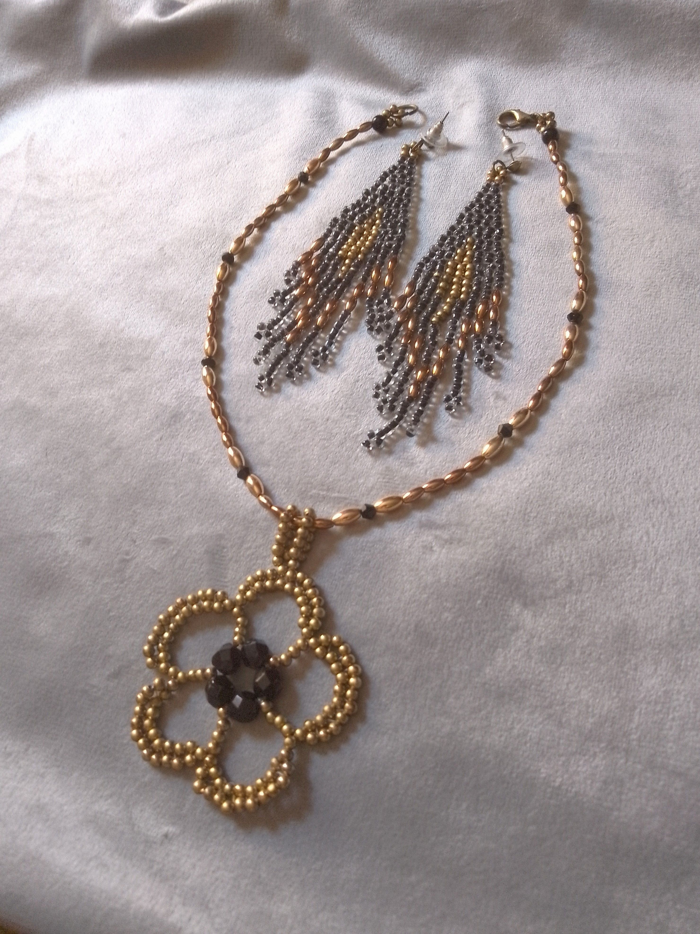 Handmade Necklace Flower pendant Black gemstones Earrings with Bangs Size ONE SIZE - 7 Thumbnail