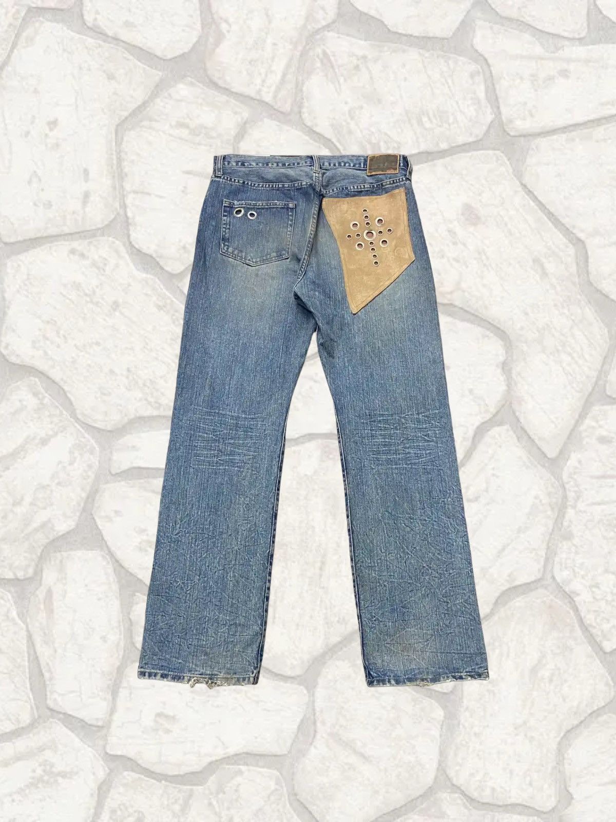 Japanese Brand × Leather × Vintage Vintage G-Land Edge Leather Pocket Distressed Jeans Pants Size US 33 - 1 Thumbnail