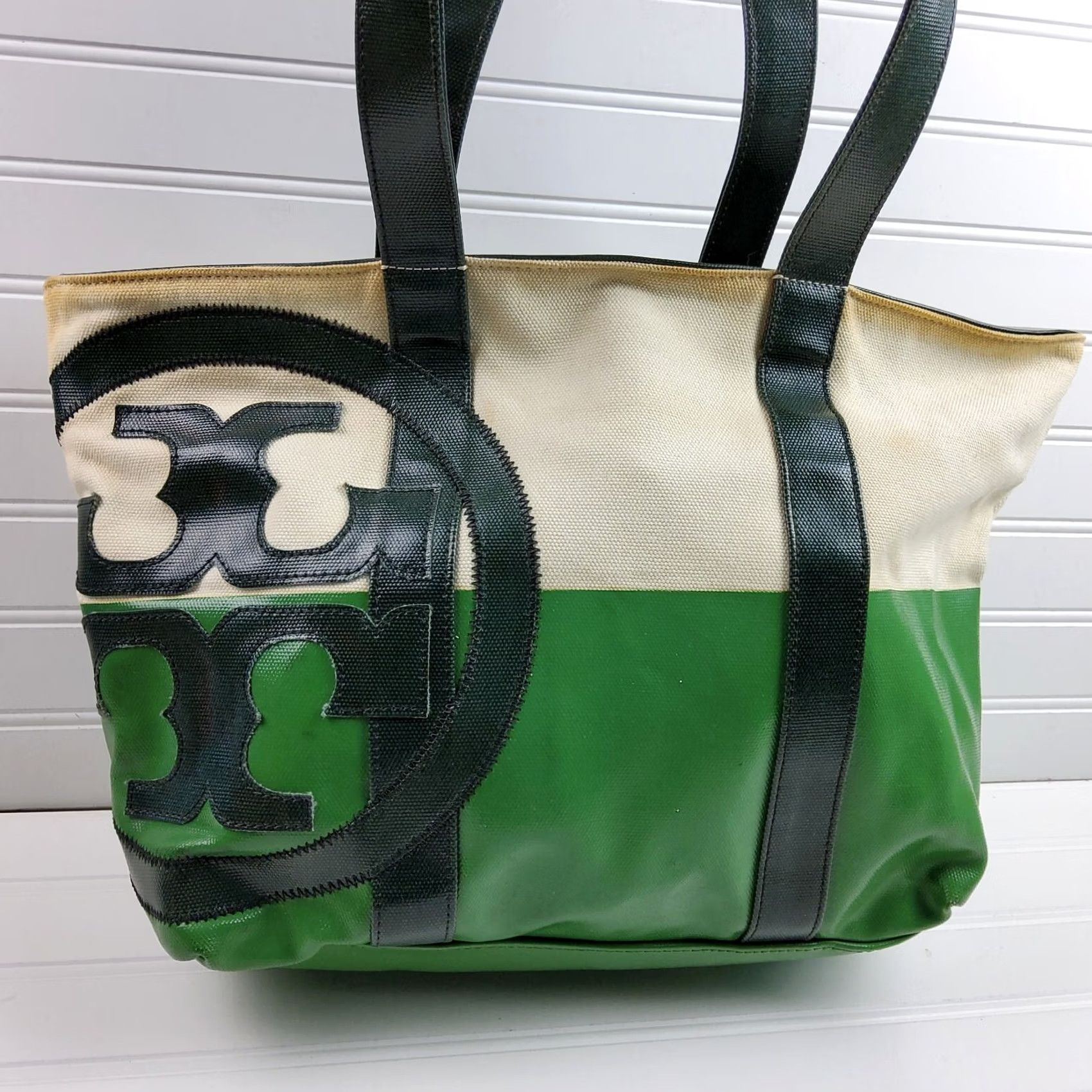 Tory Burch Tory Burch Beach Bag Dipped Canvas Zip Tote Shoulder Handbag Purse Ladies Green Large Tote Beach Nautical Size ONE SIZE - 3 Thumbnail