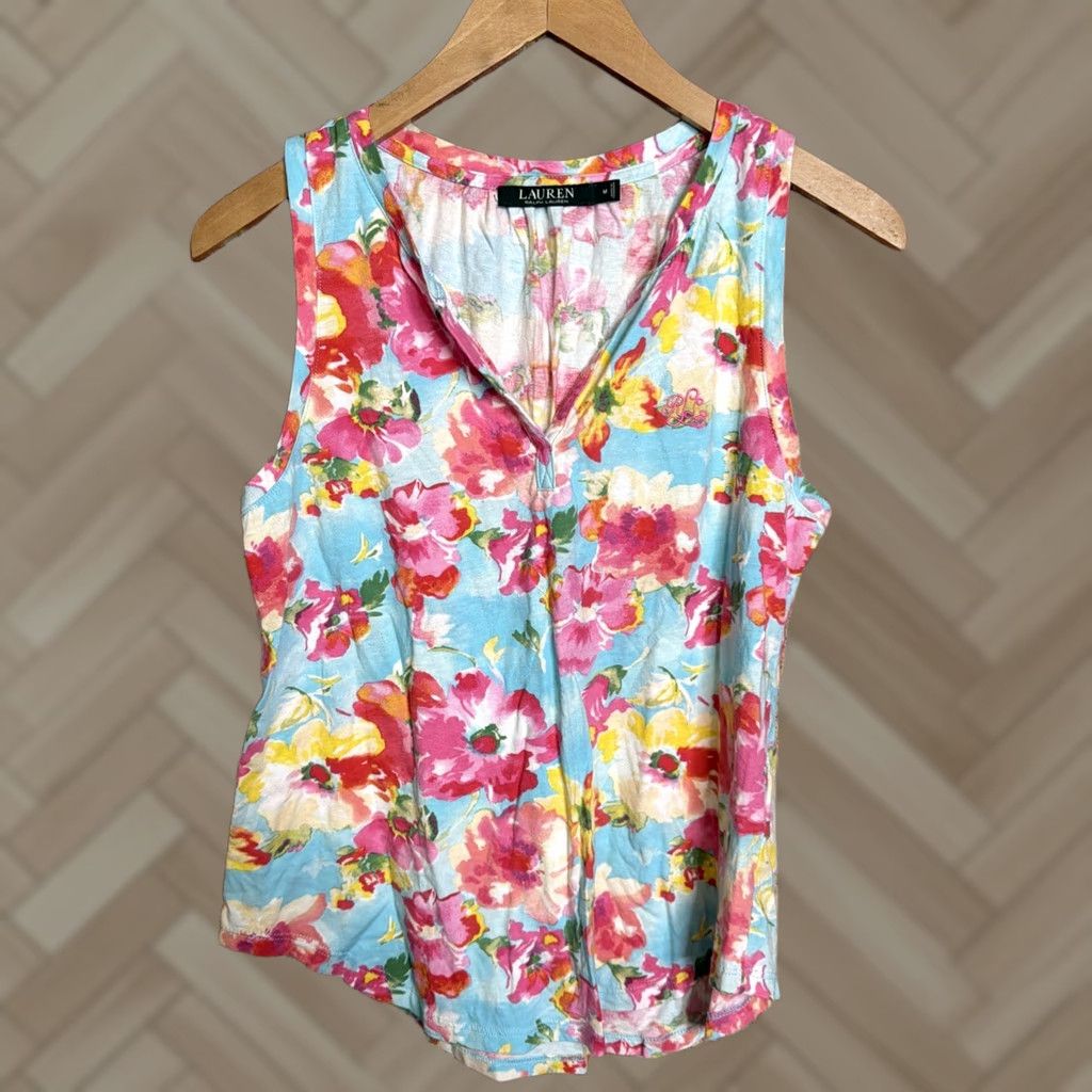 Ralph Lauren Lauren Ralph Lauren Pajama Top Floral Multicolor V-Neck Sleeveless Tank M Women’s Lounge Loungewear 100% Cotton Embroidered Logo Size M / US 6-8 / IT 42-44 - 1 Thumbnail