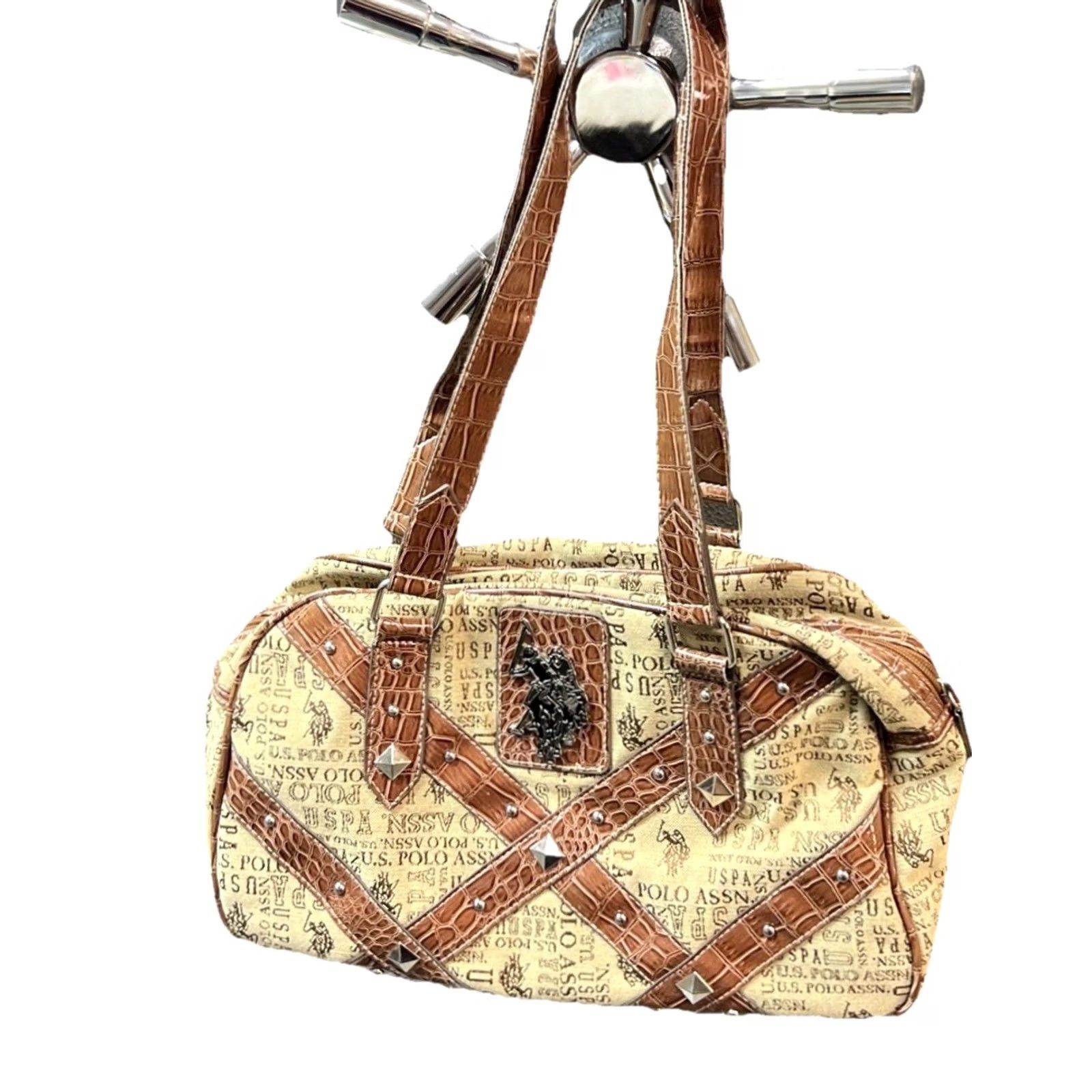Vintage VINTAGE U.S. Polo Assn Shoulder Bag Purse All Over Logo Print Slouchy Hand Used VTG Women Tan Brown Canvas Bag Size ONE SIZE - 2 Thumbnail