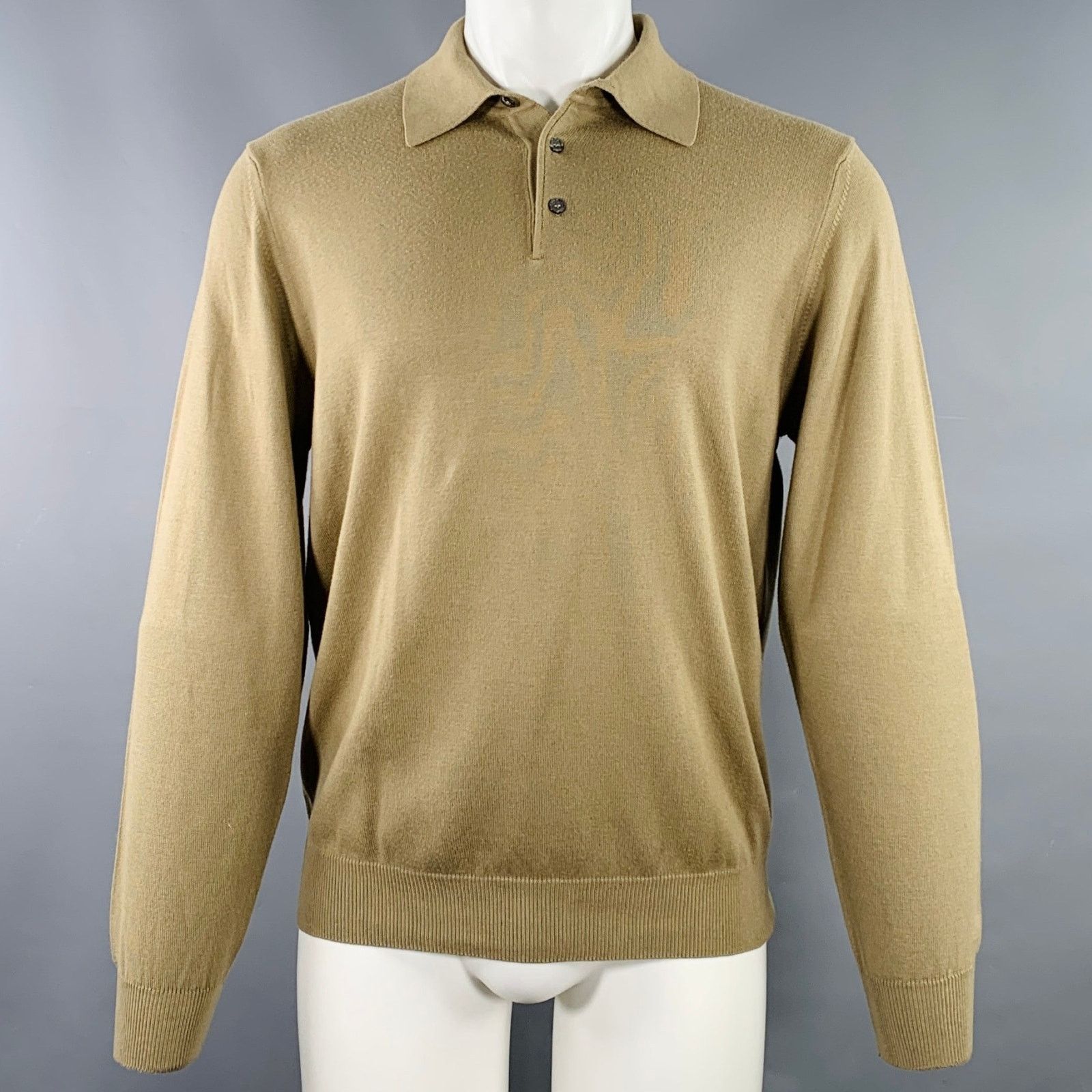 Toscano TOSCANO Size S Khaki Cotton Blend Long Sleeve Polo Pullover Size US S / EU 44-46 / 1 - 1 Thumbnail