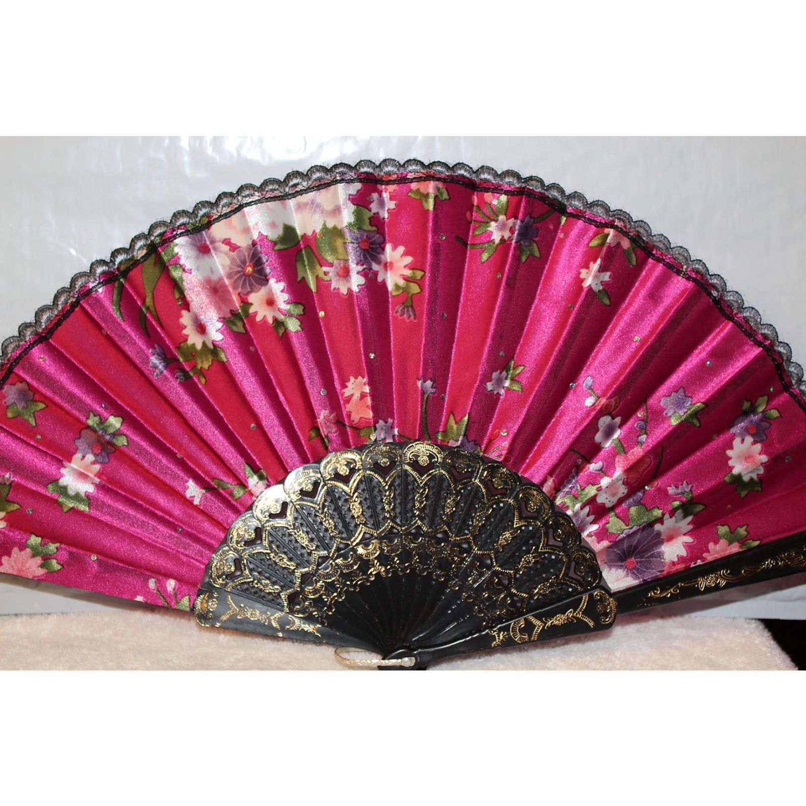 Vintage Vintage Hand Fan Small Dark Pink Flowers 16 Inch Decorative Window Fan Size ONE SIZE - 2 Thumbnail