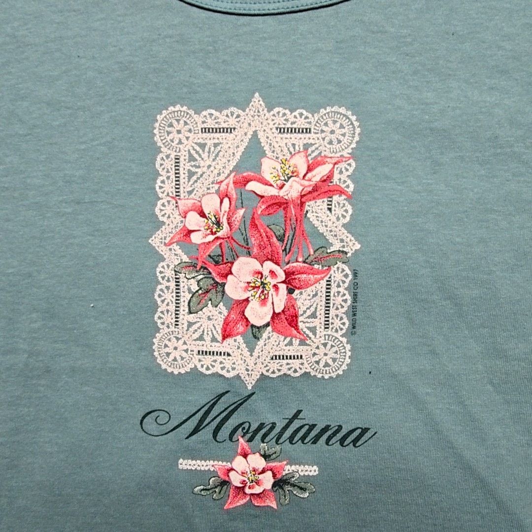 Vintage Vintage Montana Turquoise Tee Flower Blue Boat Neck L Shirt Size L / US 10 / IT 46 - 2 Thumbnail