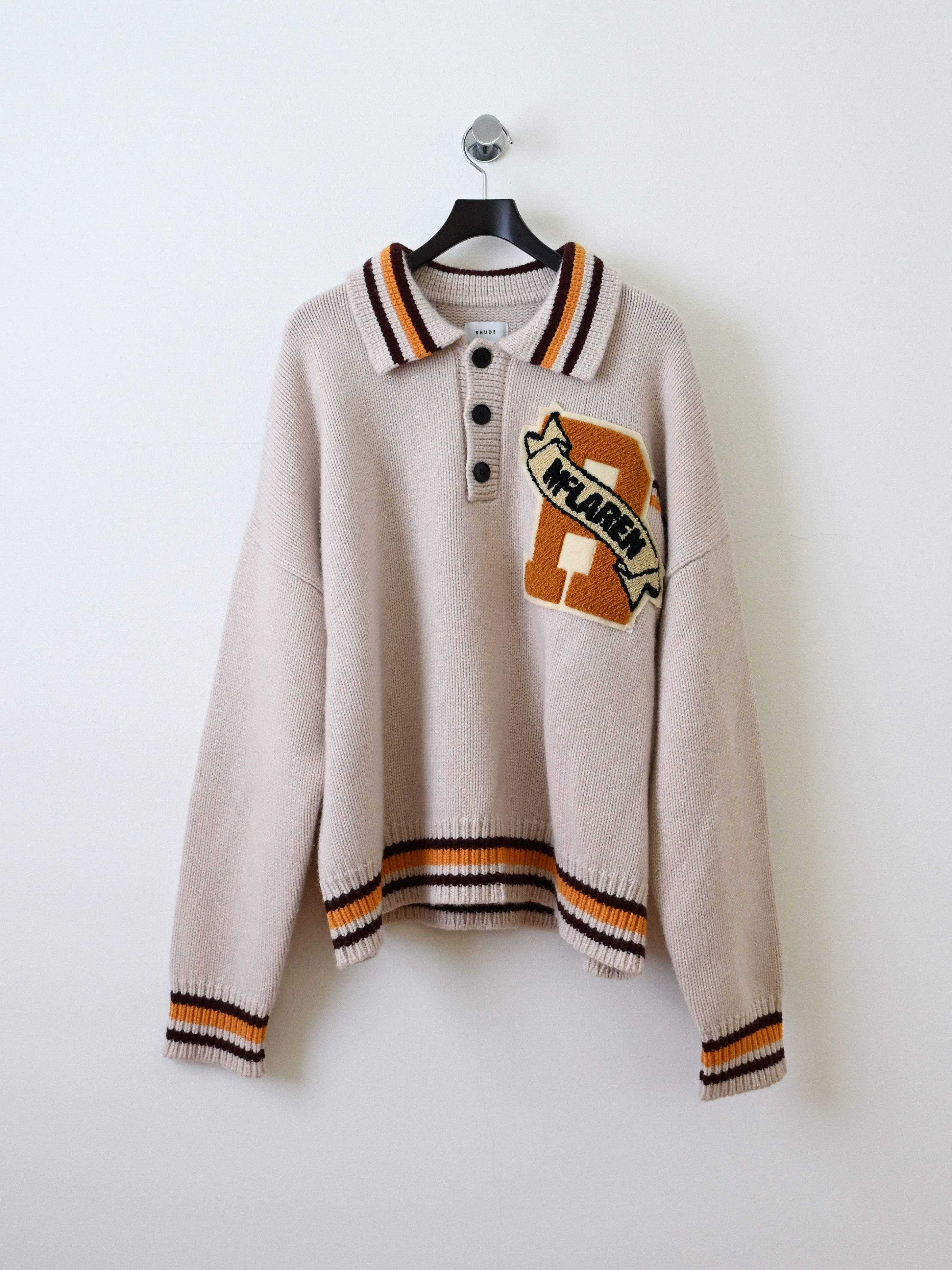 Pre-owned Rhude Mclaren Knit Chenille Patch Polo Sweater In Cream