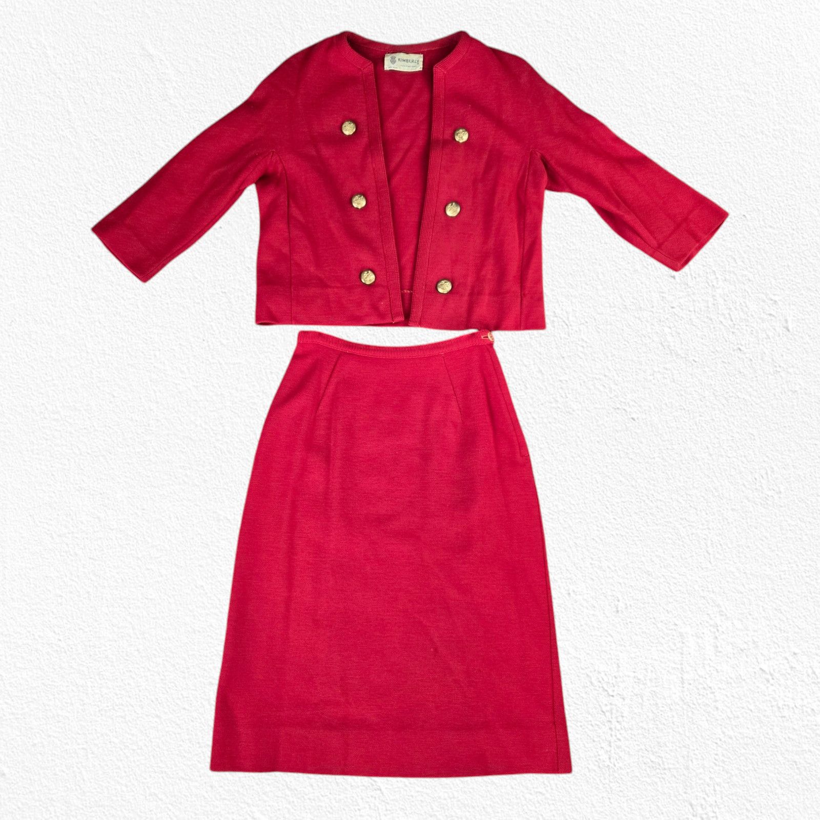 Vintage 50s Vintage Red Double Breasted Blazer Skirt Wool Set Size 2 Size XS / US 0-2 / IT 36-38 - 1 Thumbnail