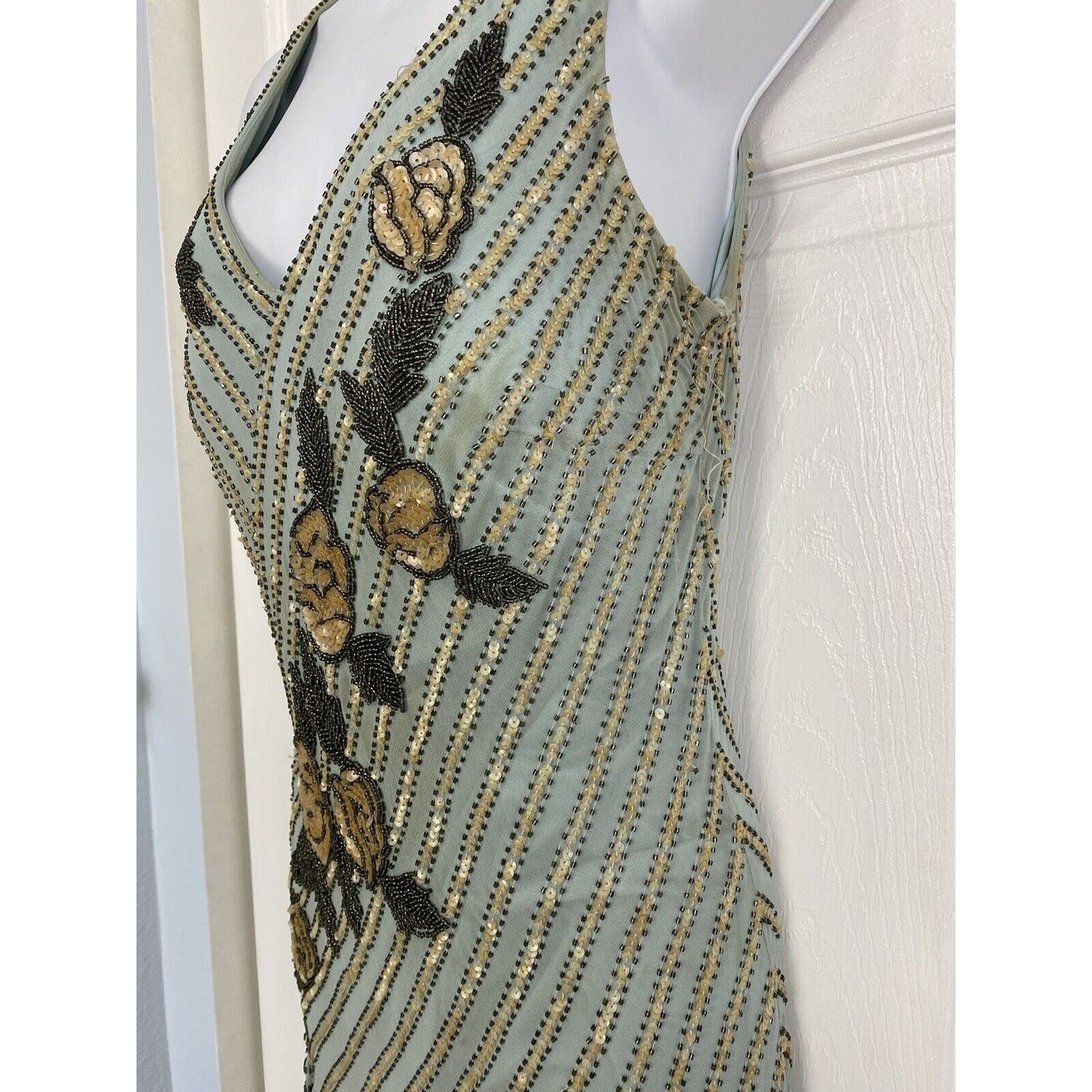 Other Cache Silk Beaded Fringe Floral Sequins Dress 10 Y2K Blue Size L / US 10 / IT 46 - 6 Thumbnail