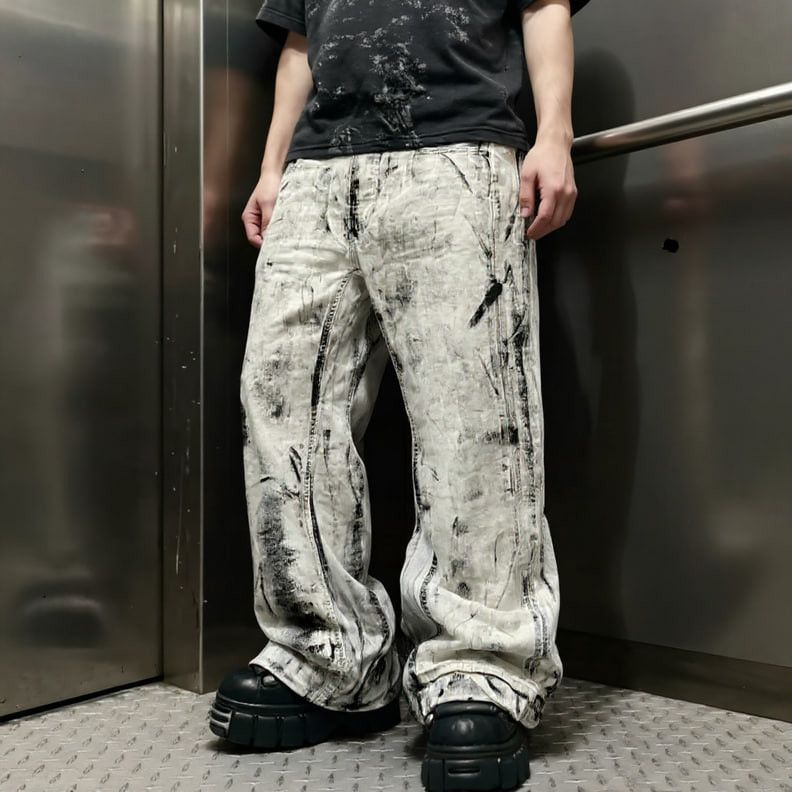 Japanese Brand Custom white Baggy Distressed Jeans Painted Wide Leg Size US 31 - 3 Thumbnail