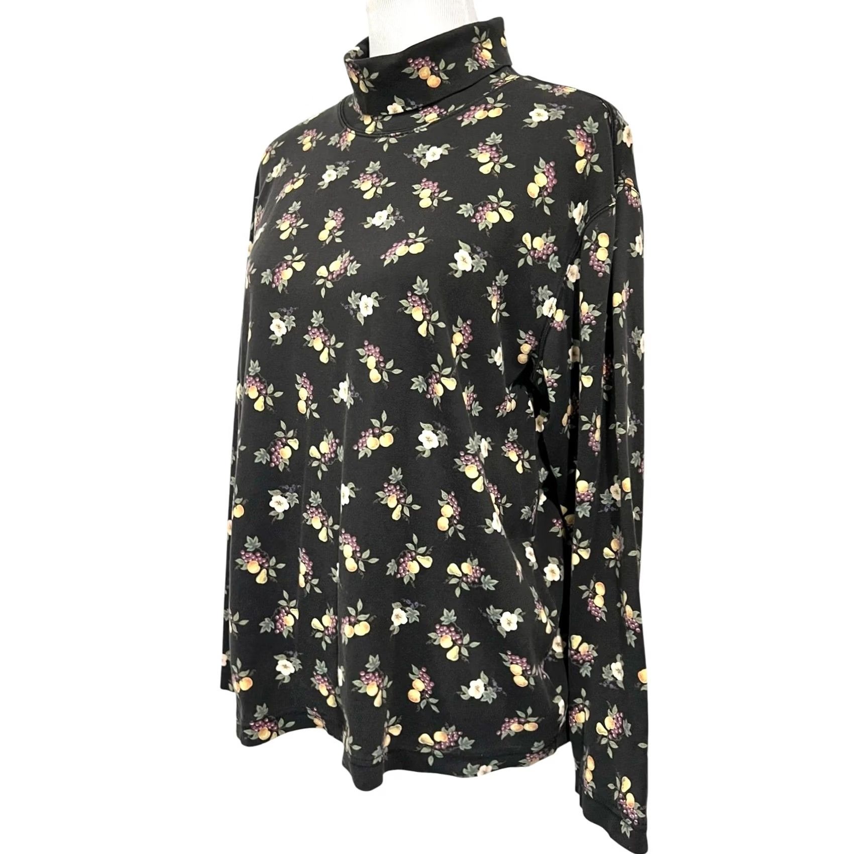 Talbots VINTAGE Talbots Fruit & Floral Pattern Turtleneck Women’s XL Black 100% Cotton Blouse Size XL / US 12-14 / IT 48-50 - 3 Thumbnail