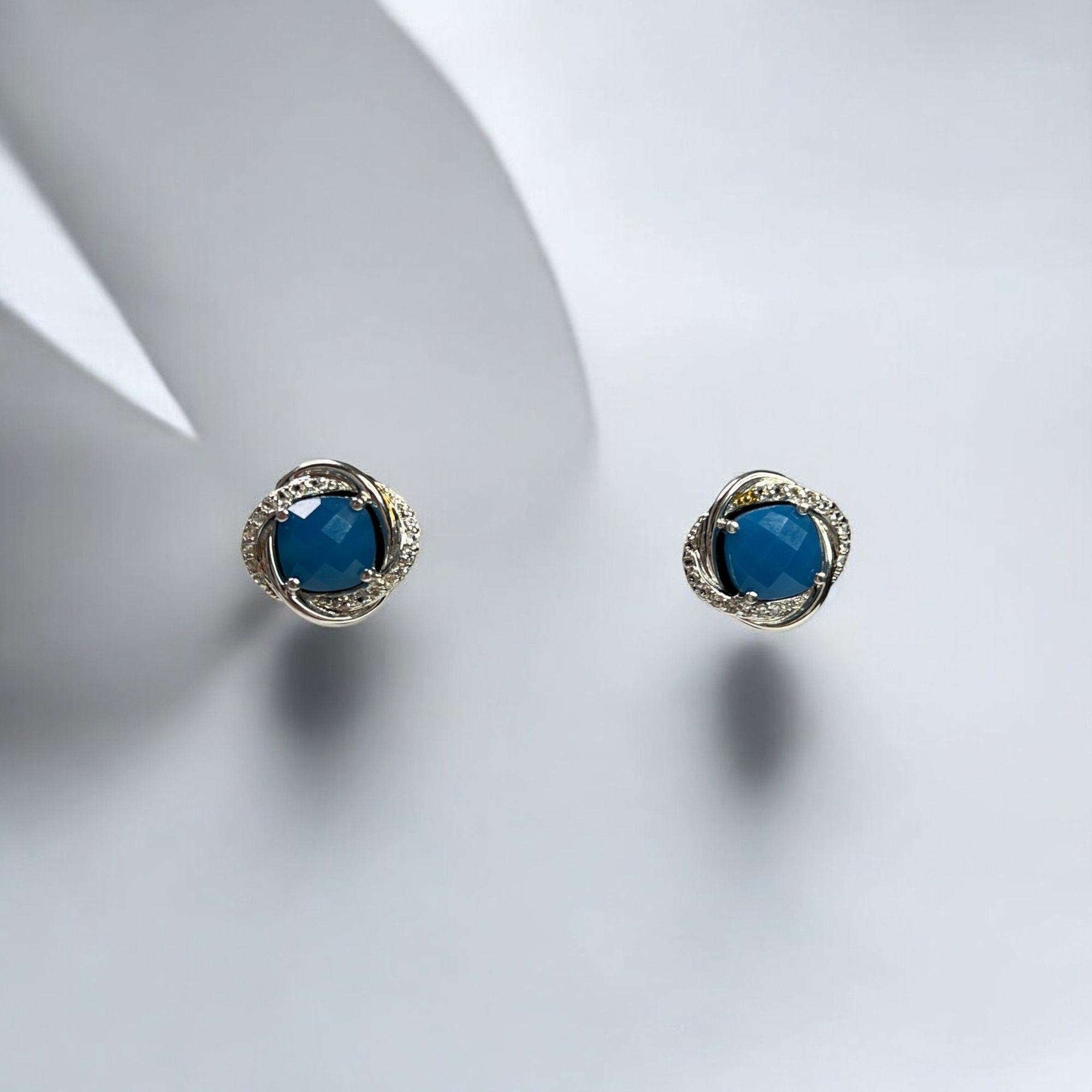 Designer Blue Gemstone Silver Knot Stud Earrings With Clear CZ Accent Size ONE SIZE - 2 Thumbnail