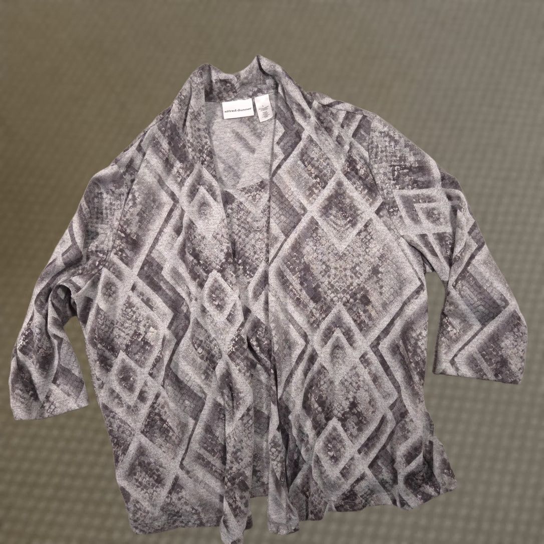Vintage Alfred Dunner Cardigan Sweater Womens L Gray Geometric Open Front Knit V-Neck 3/4 Sleeve Casual Fall Size L / US 10 / IT 46 - 1 Thumbnail