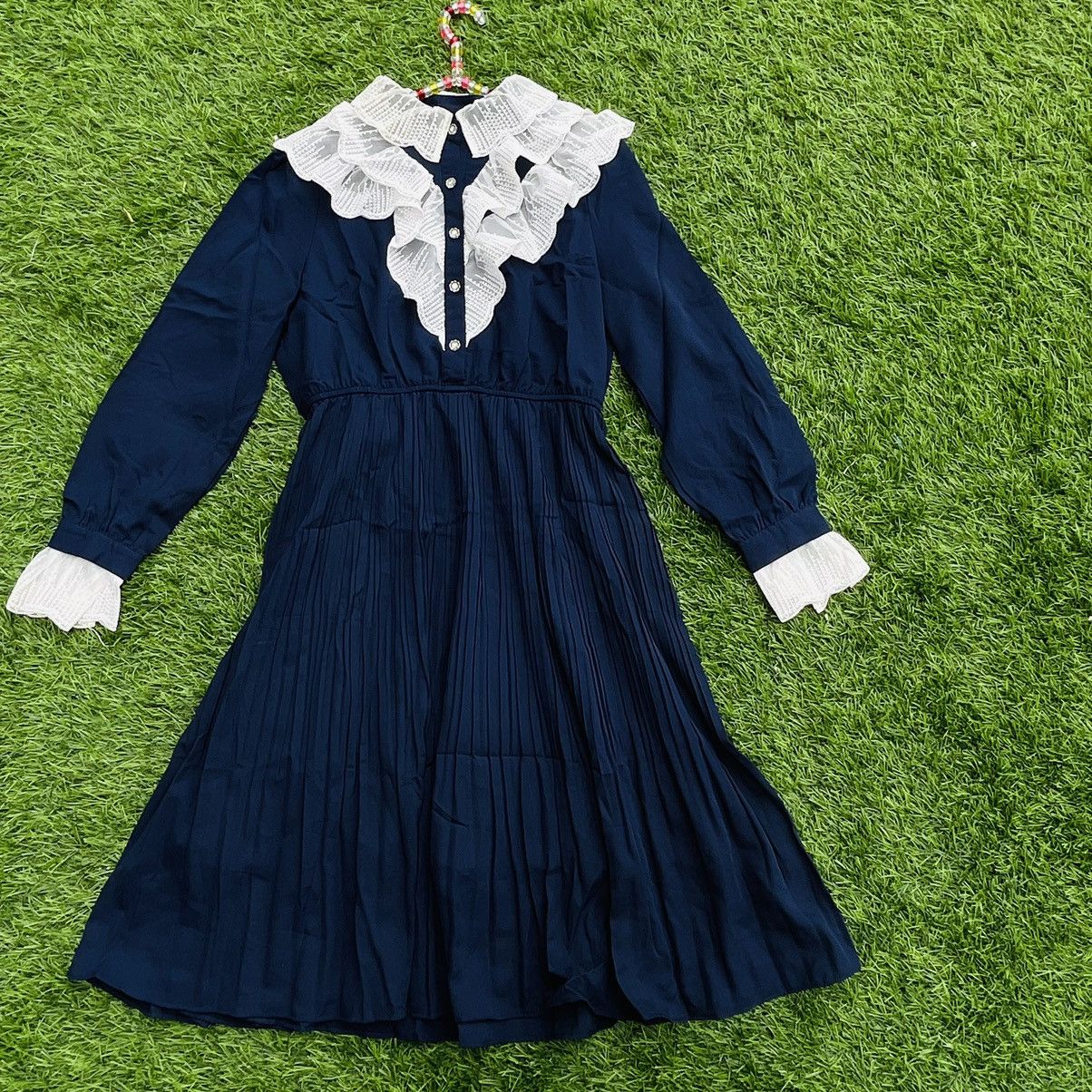Other × Vintage Vintage Pleated Ruffles Navy Dress Size M / US 6-8 / IT 42-44 - 2 Thumbnail