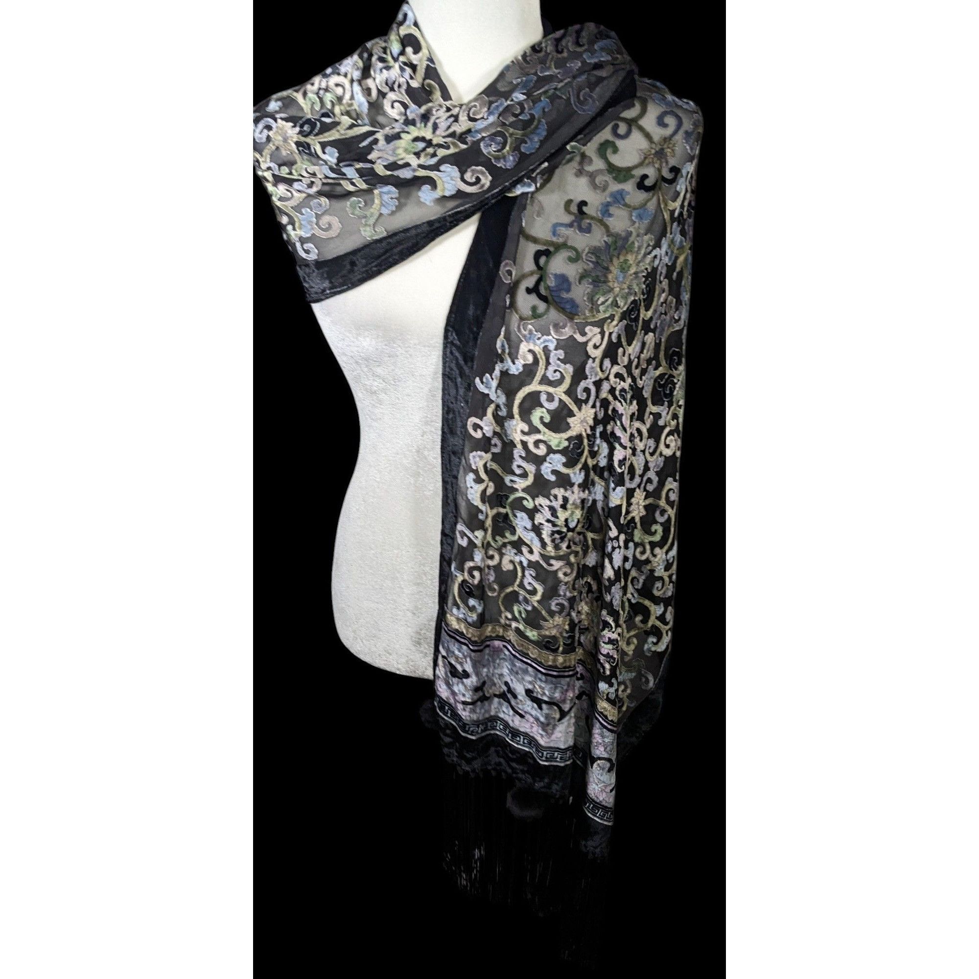 Other Vintage Fantasy Black And Pastel Velvet Burnout Scarf With F Size ONE SIZE - 3 Thumbnail
