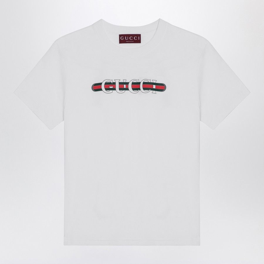 Gucci Gucci 1921 Logo White T-Shirt With Green & Red Stripes Made