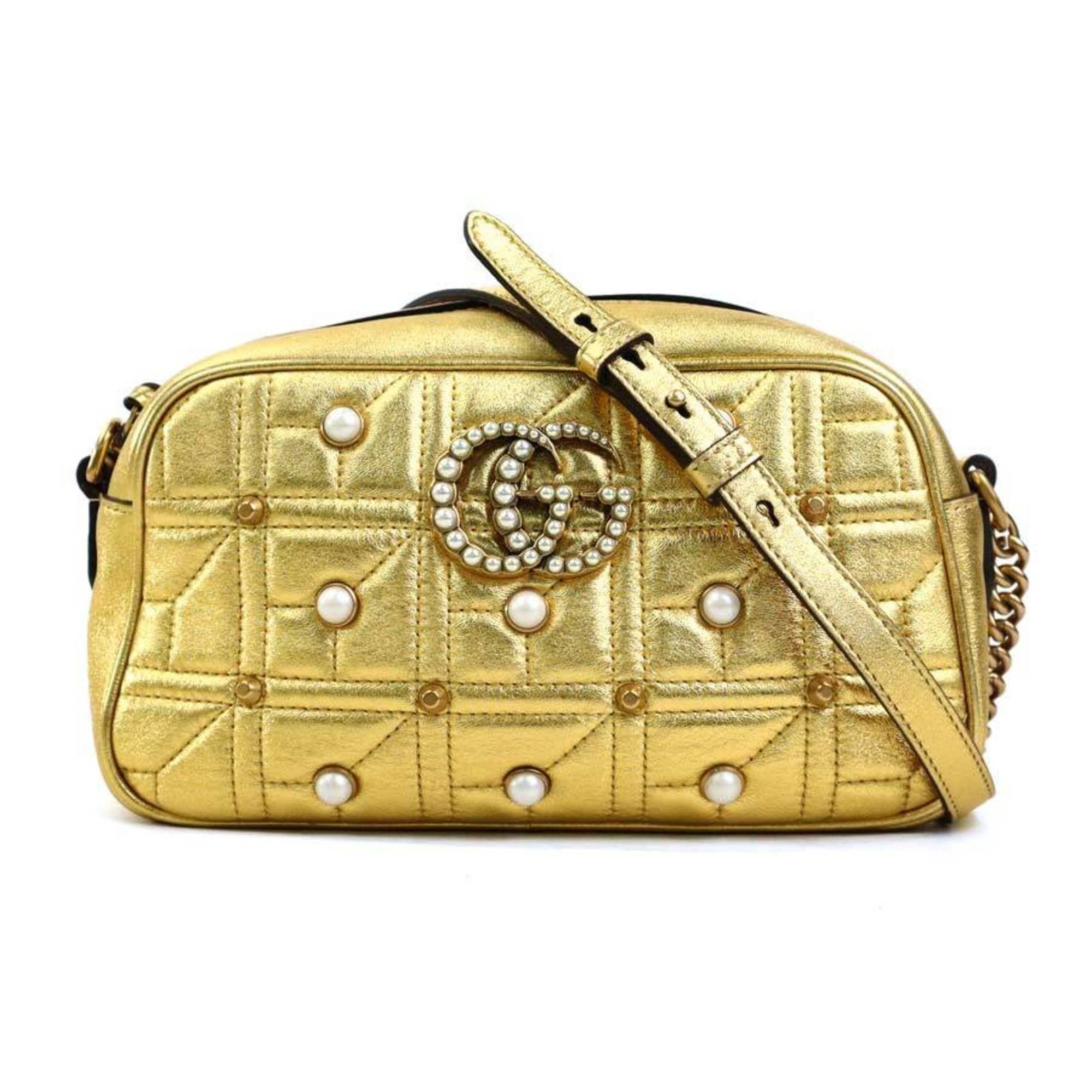 Gucci Shoulder Bag GG Marmont Leather Faux Pearl Gold Women's 447632 E60215G