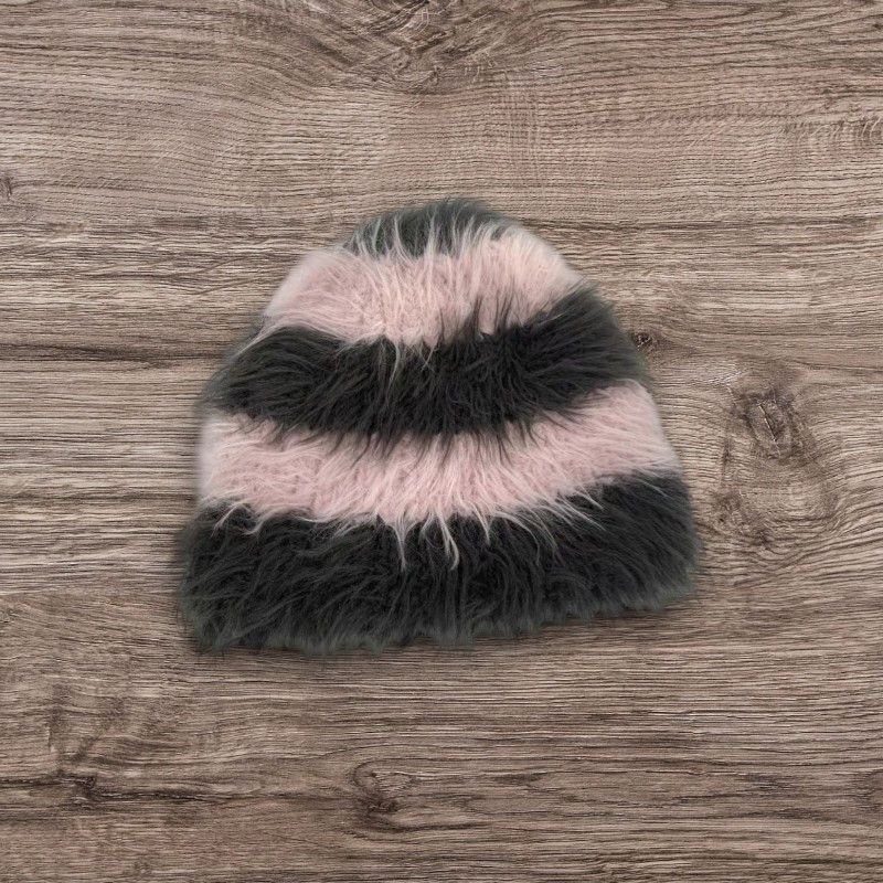 Other Pink Grey Fluffy Grunge Punk ALT Striped Knit Hat Size ONE SIZE - 1 Preview