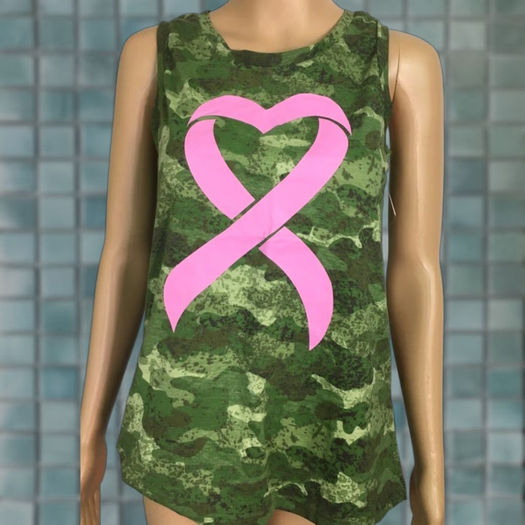 Olive Live Breathe Fight Womens Tank Top Green Camouflage Pink Ribbon Crew Neck L New Size L / US 10 / IT 46 - 1 Thumbnail