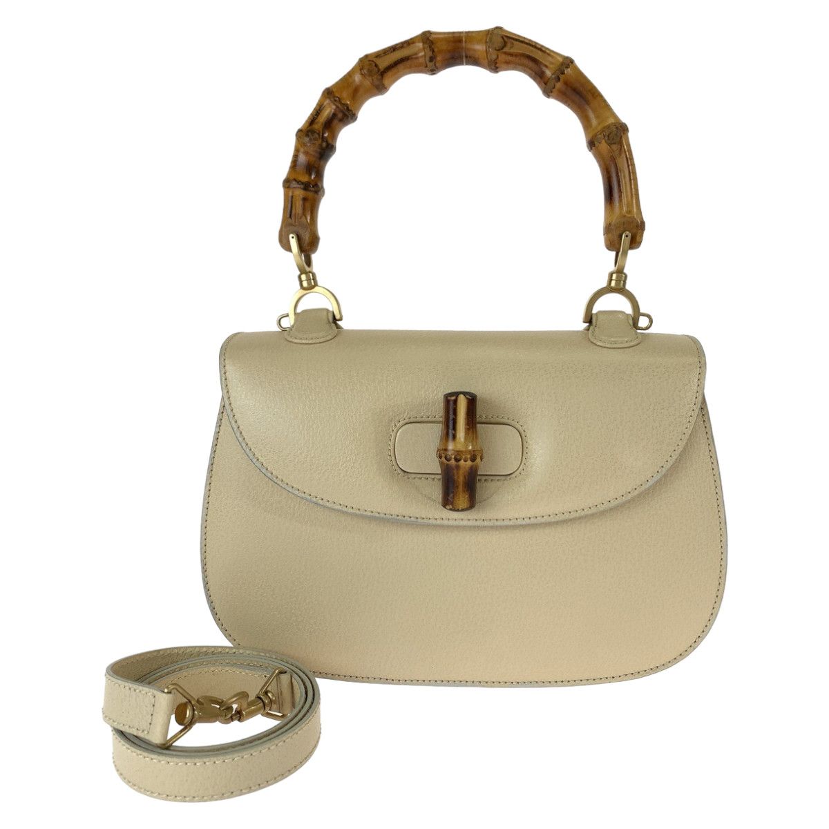 Gucci Gucci Bamboo Leather Handbag Off-White Beige Leather Handbag 0009260633 in Great Condition