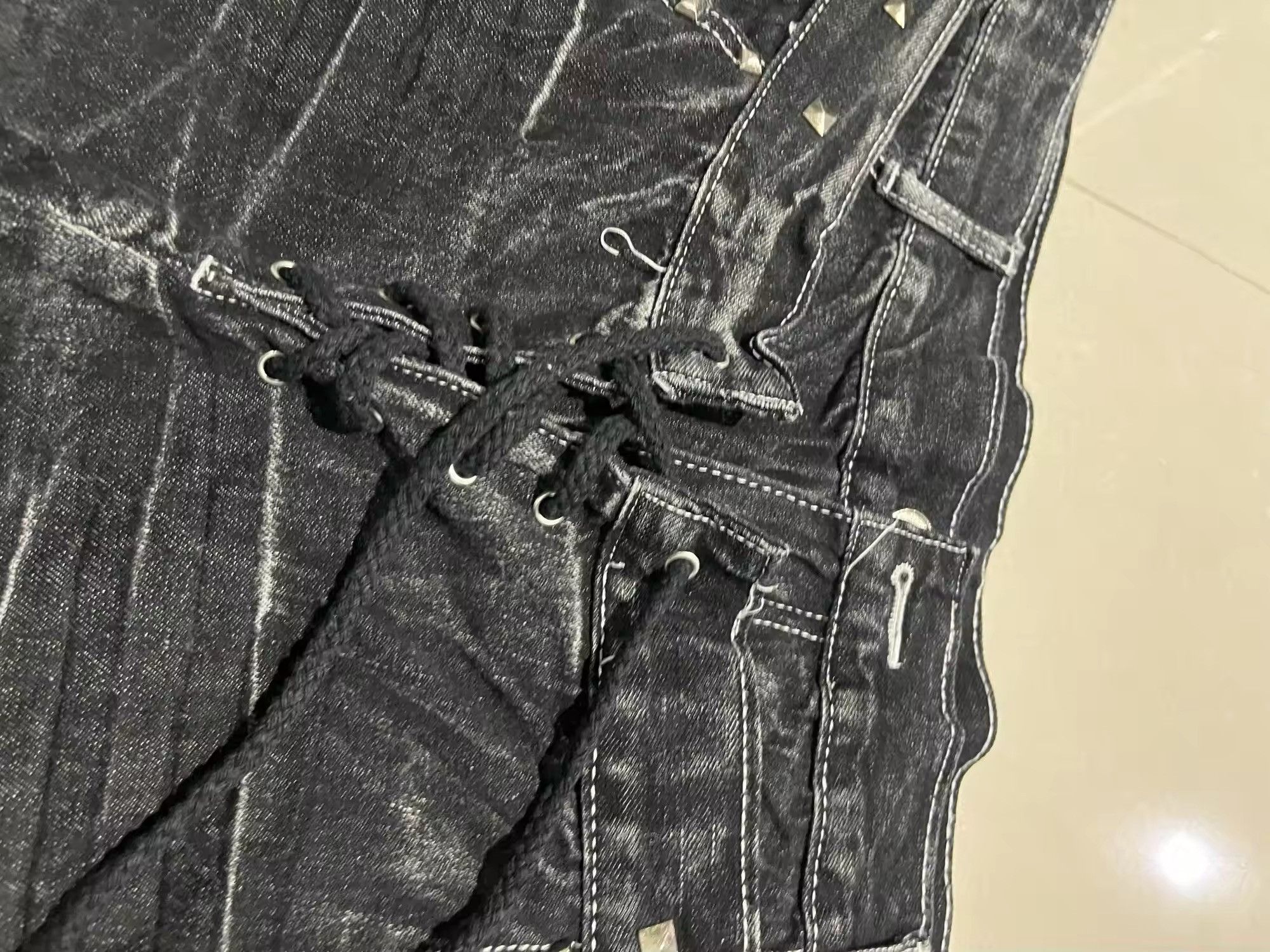 Japanese Brand Y2K Washed Micro Flared Double Waisted Lace Up Jean Size US 37 - 8 Thumbnail