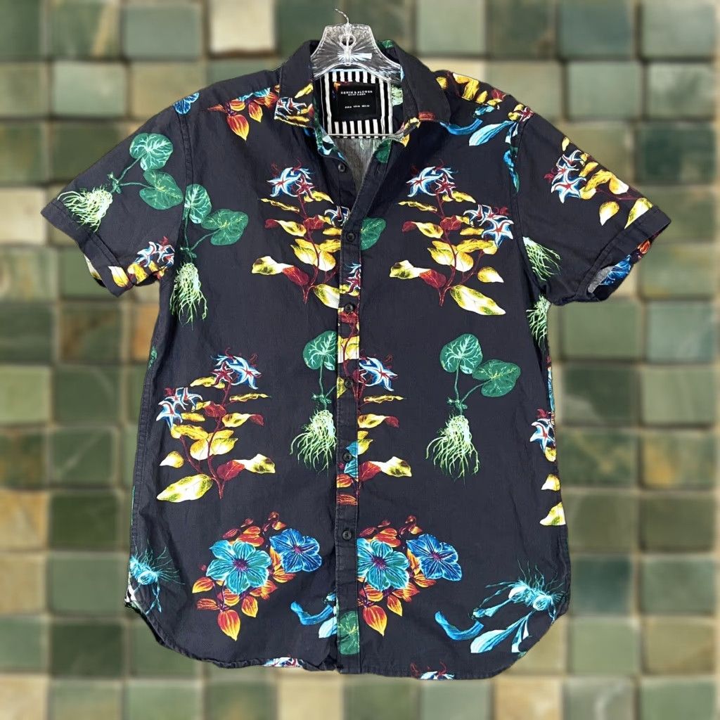 Denime DENIM & FLOWER Shirt Men M Multicolor Floral Short Sleeve Button-Up Size US 31 - 1 Thumbnail