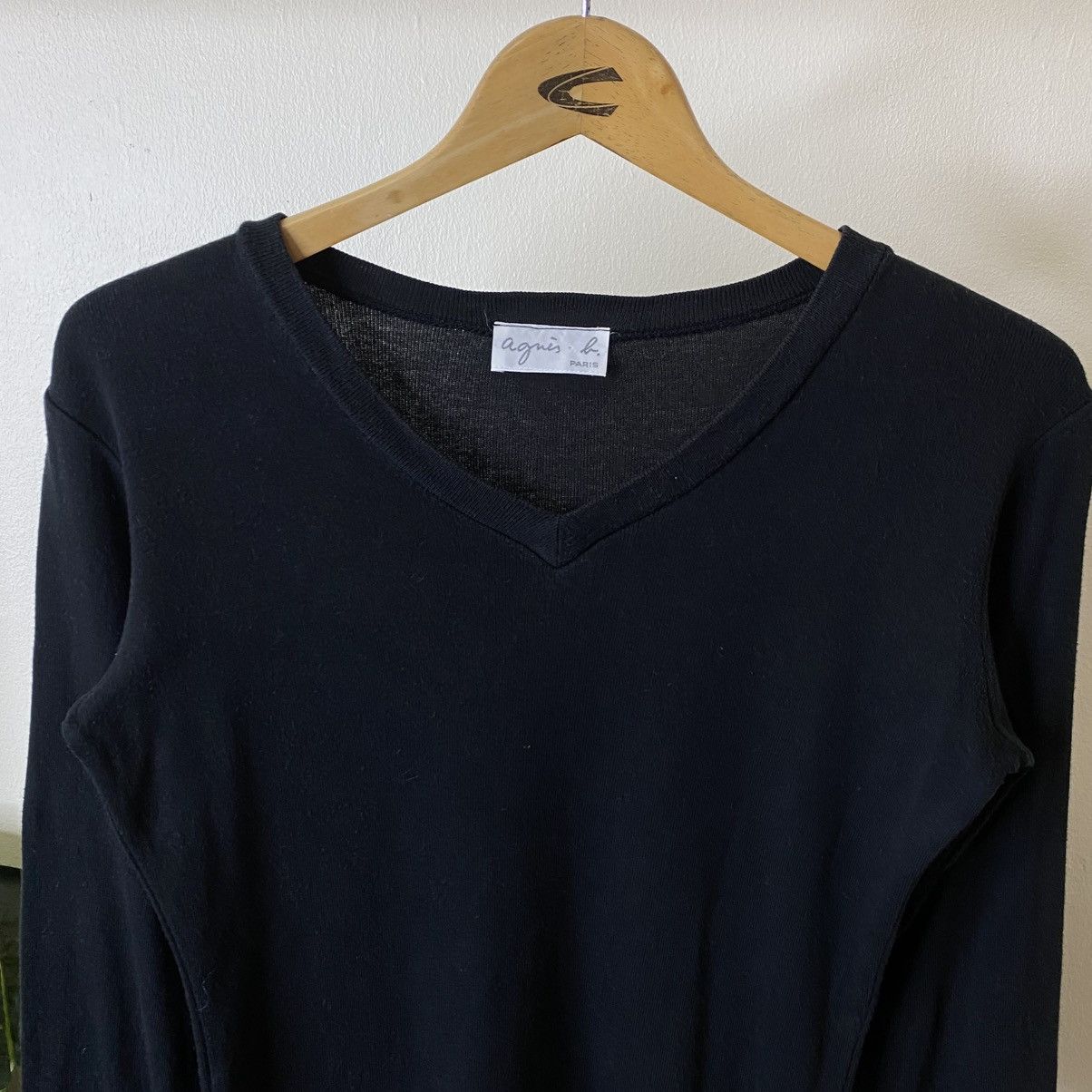 agnes b. Black Blank V Neck Women LS T Shirt Size S / US 4 / IT 40 - 2 Thumbnail