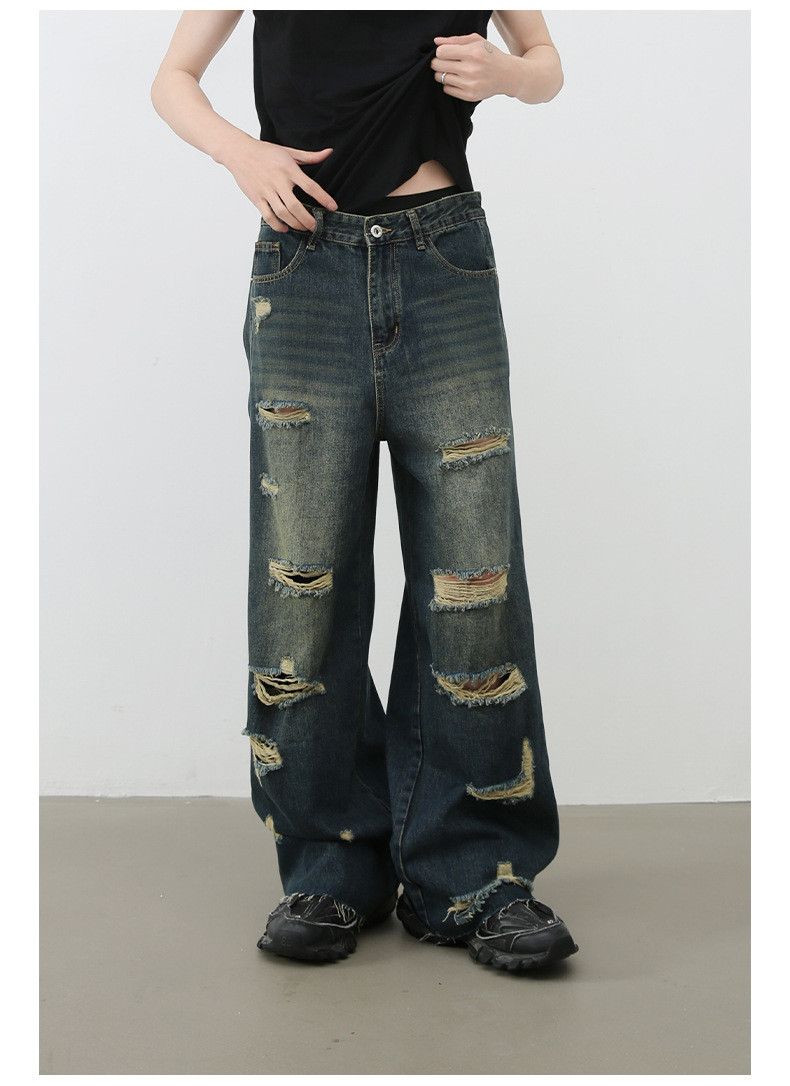 Japanese Brand × Jean Men's loose straight raw edge washed wide-leg ripped jeans Size US 32 / EU 48 - 2 Thumbnail