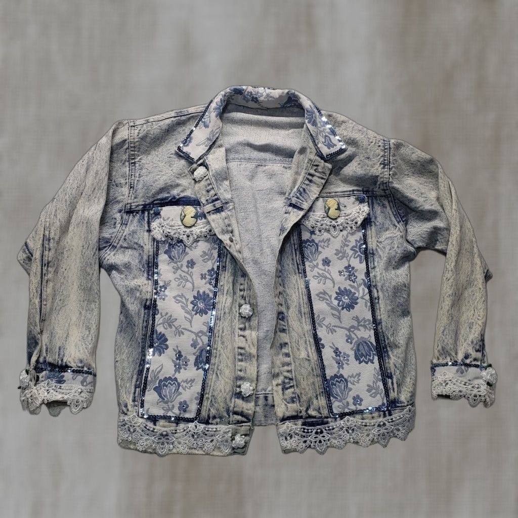 Denime Unbranded Denim Coat Sport Jacket Blue Floral Lace Button Victorian Style M Women Size M / US 6-8 / IT 42-44 - 1 Thumbnail